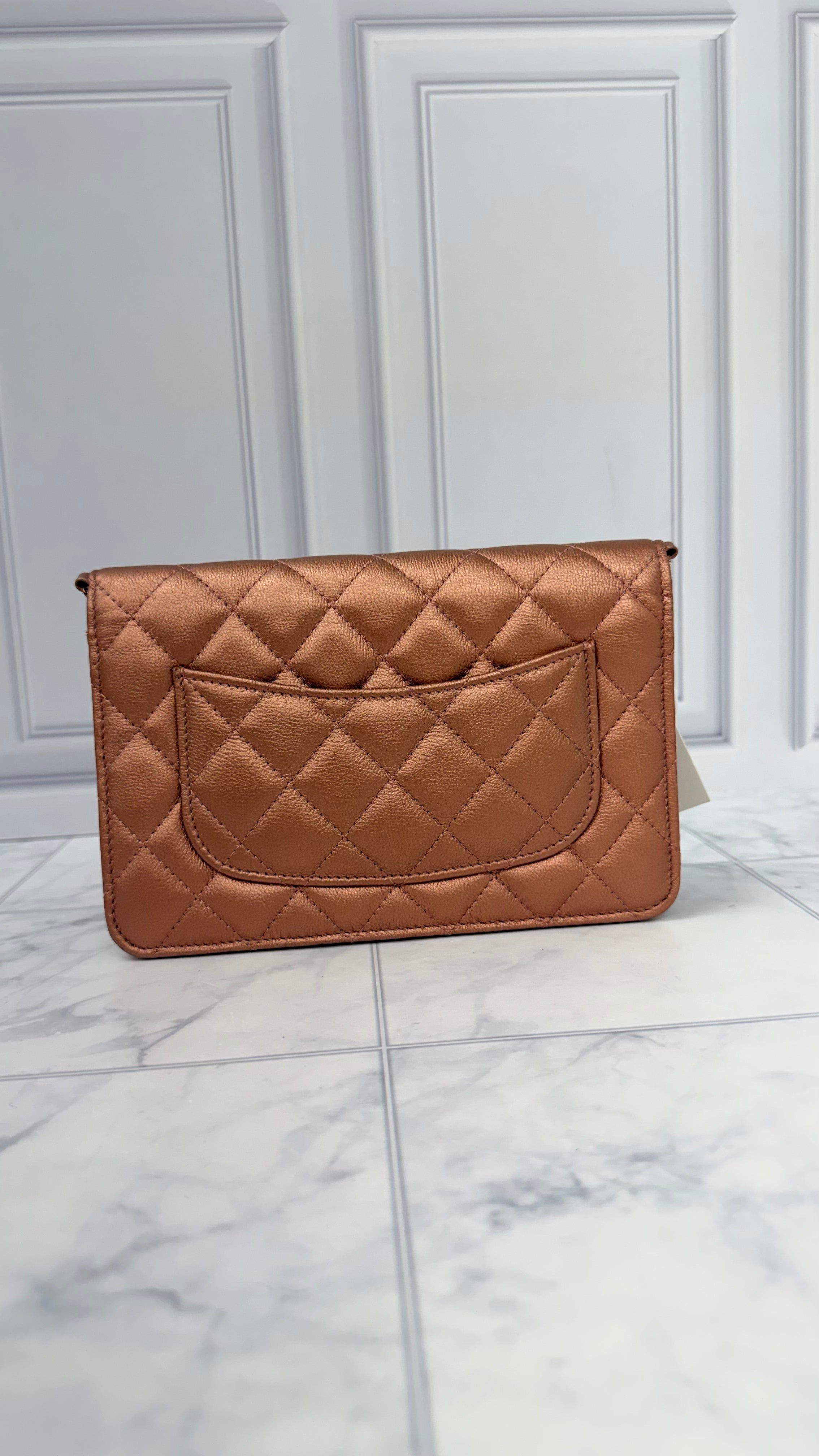 Chanel Rose Gold Metallic Quilted Calfskin Leather Reissue 2.55 Wallet On A Chain