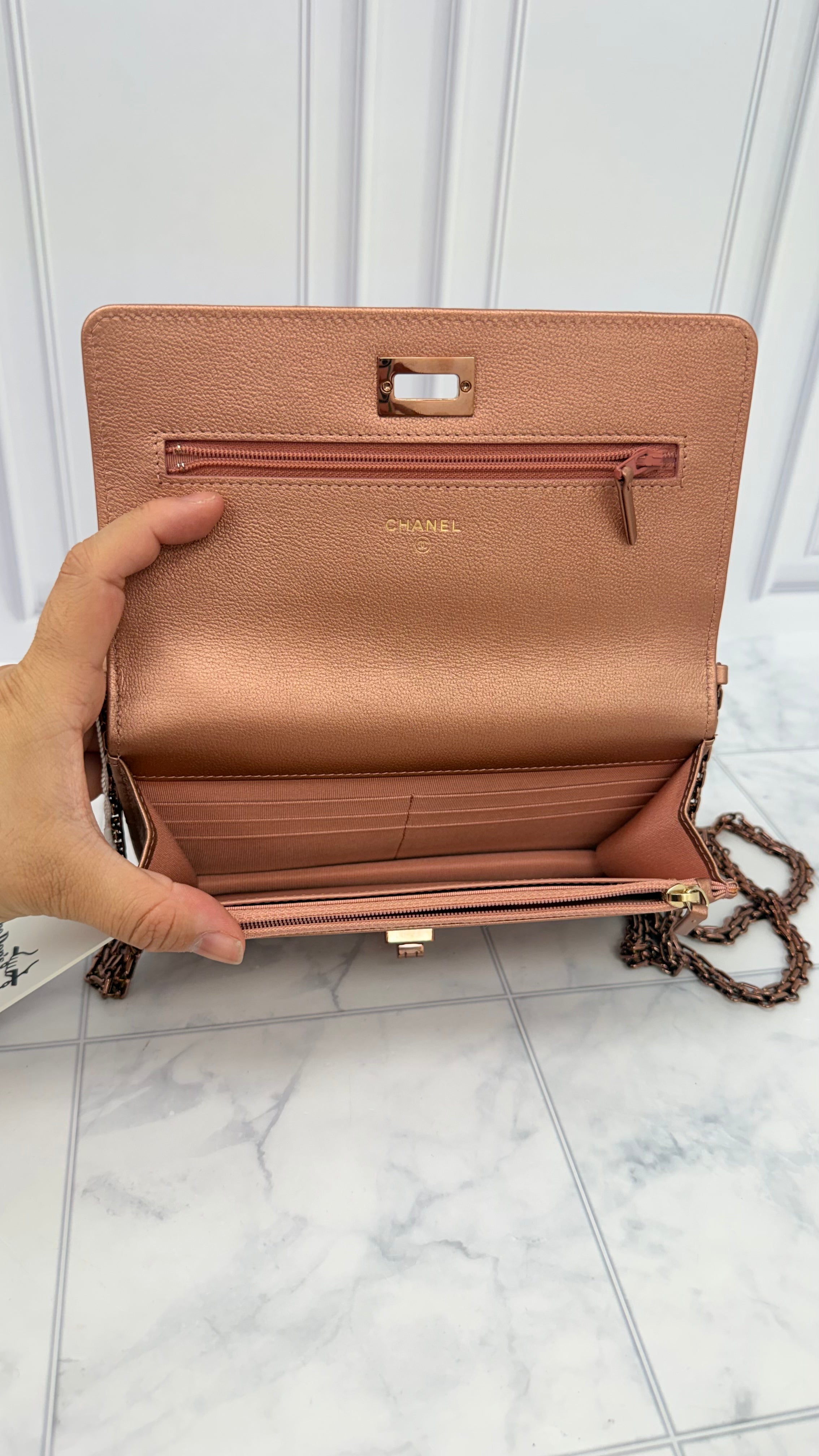 Chanel Rose Gold Metallic Quilted Calfskin Leather Reissue 2.55 Wallet On A Chain