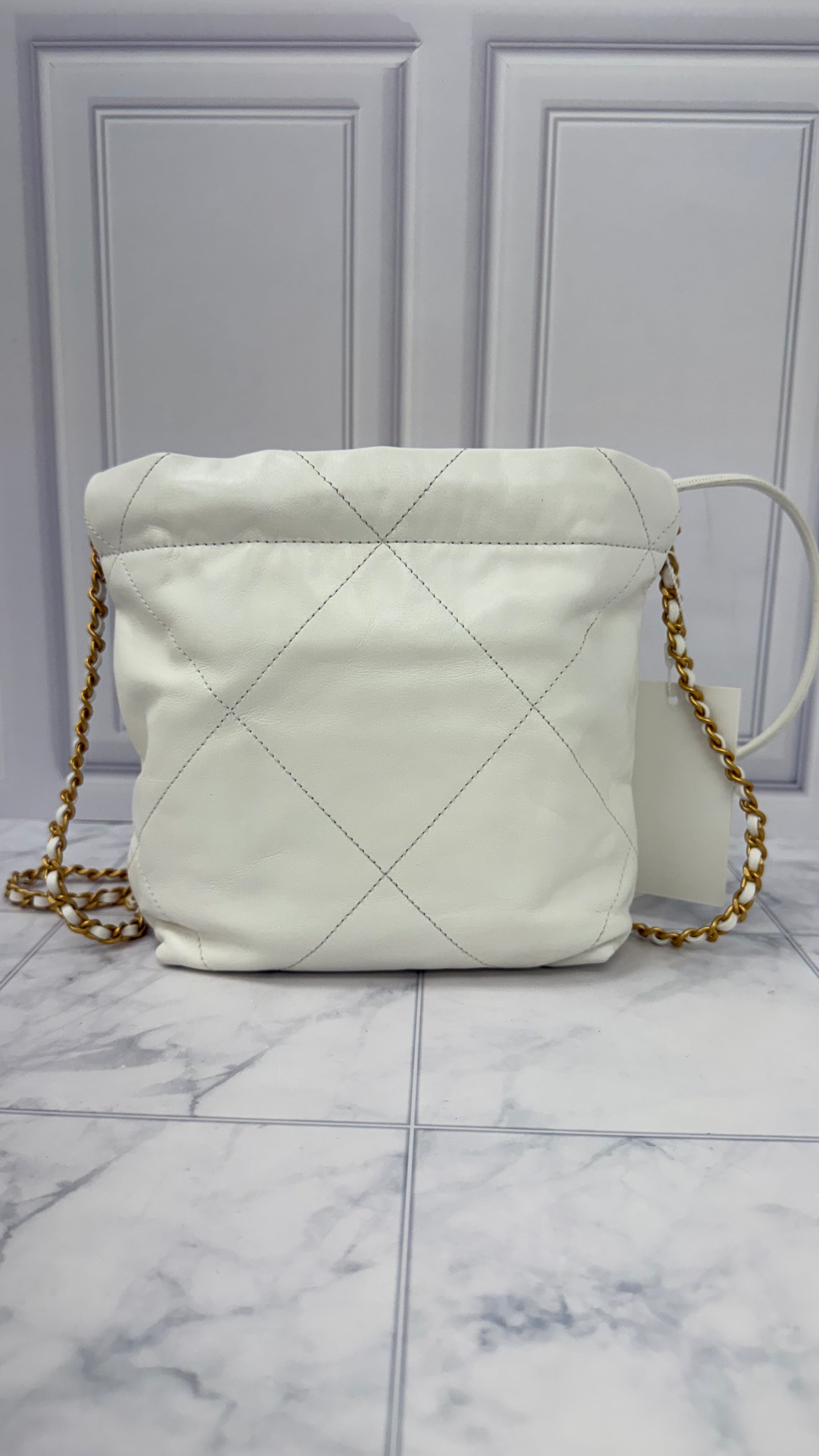 Chanel White Quilted Calfskin Leather Mini Chanel 22 Chain Hobo Bag