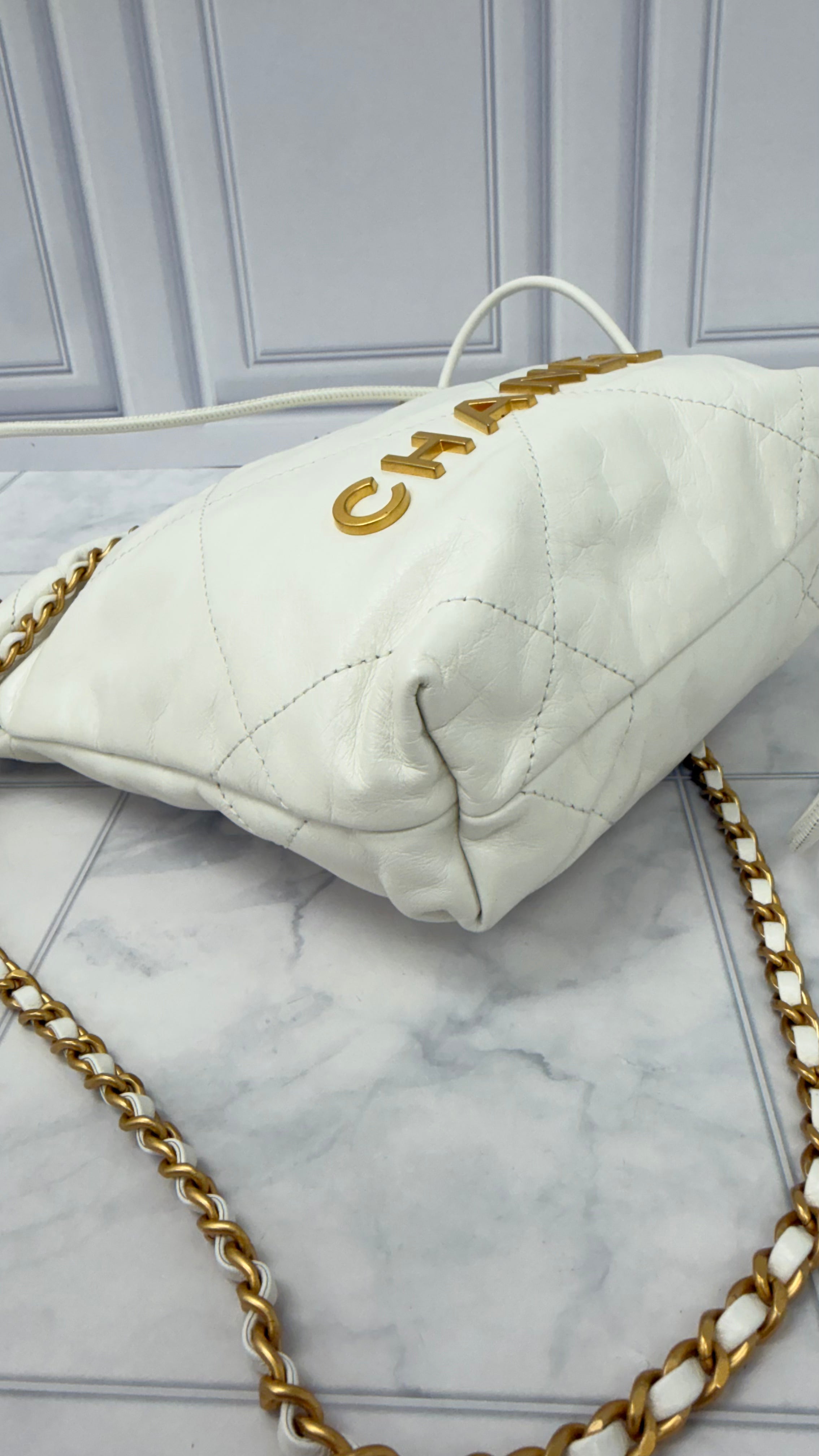 Chanel White Quilted Calfskin Leather Mini Chanel 22 Chain Hobo Bag