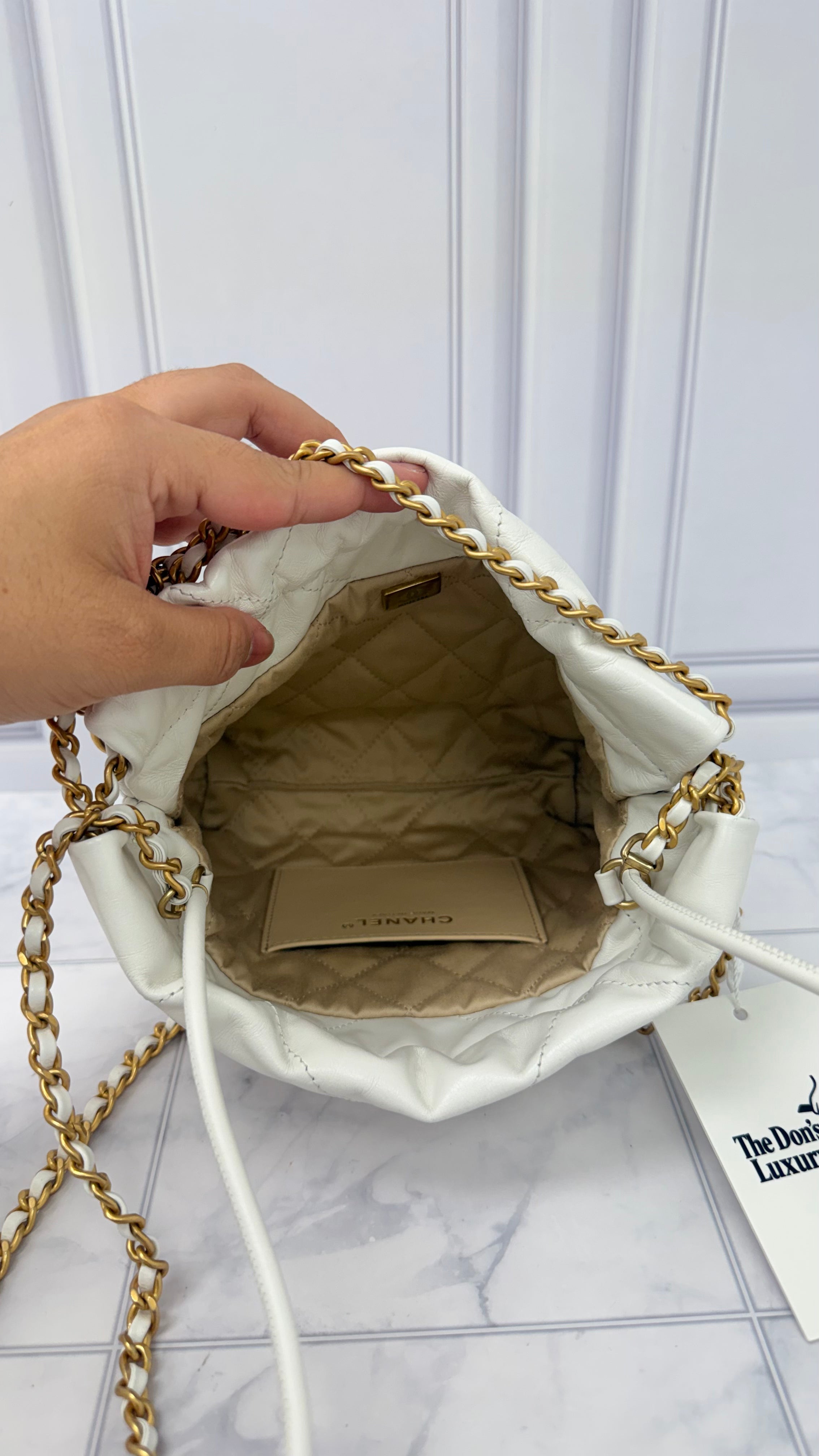 Chanel White Quilted Calfskin Leather Mini Chanel 22 Chain Hobo Bag