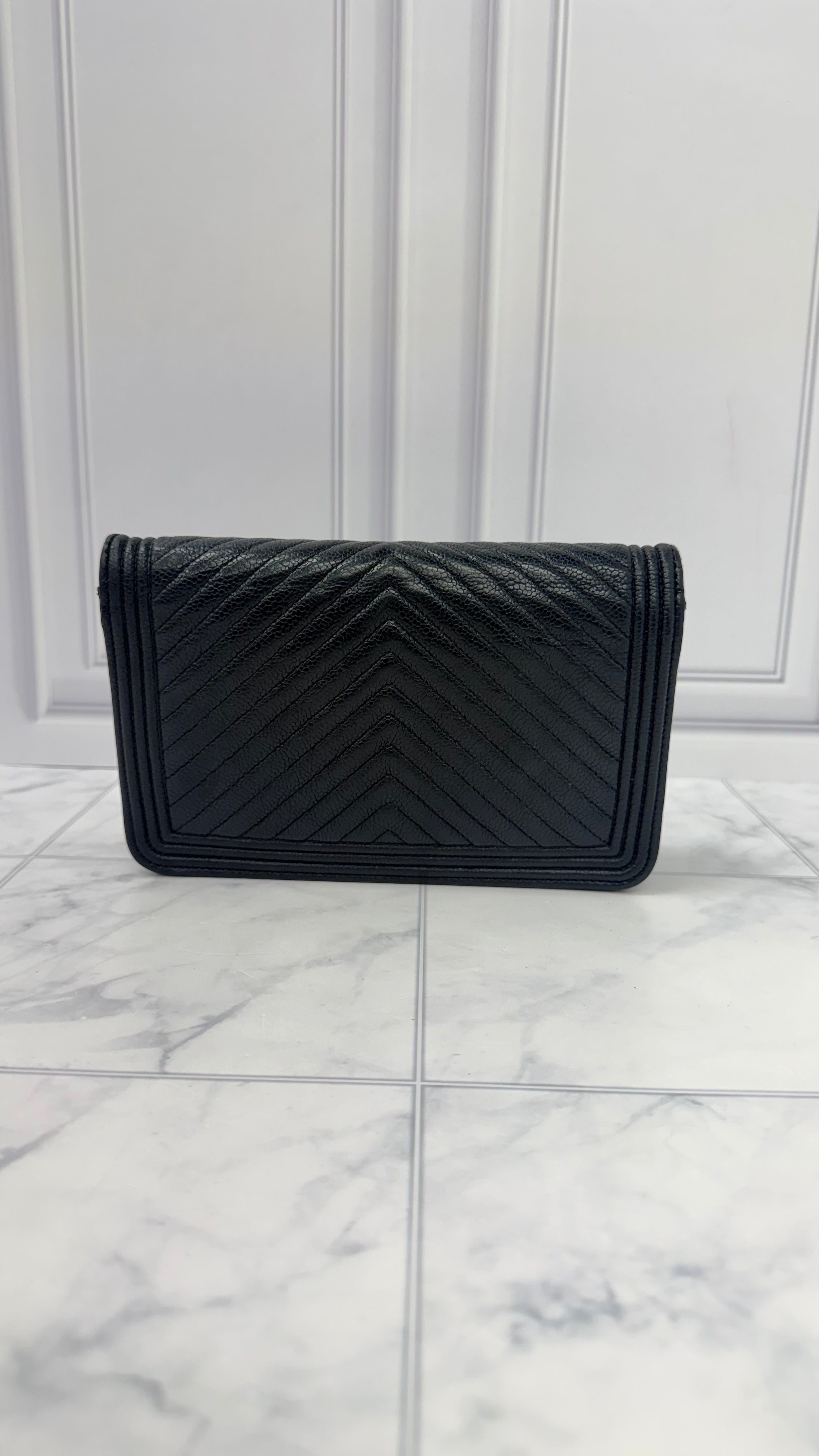 Chanel Black Chevron Caviar Leather Boy Wallet On A Chain