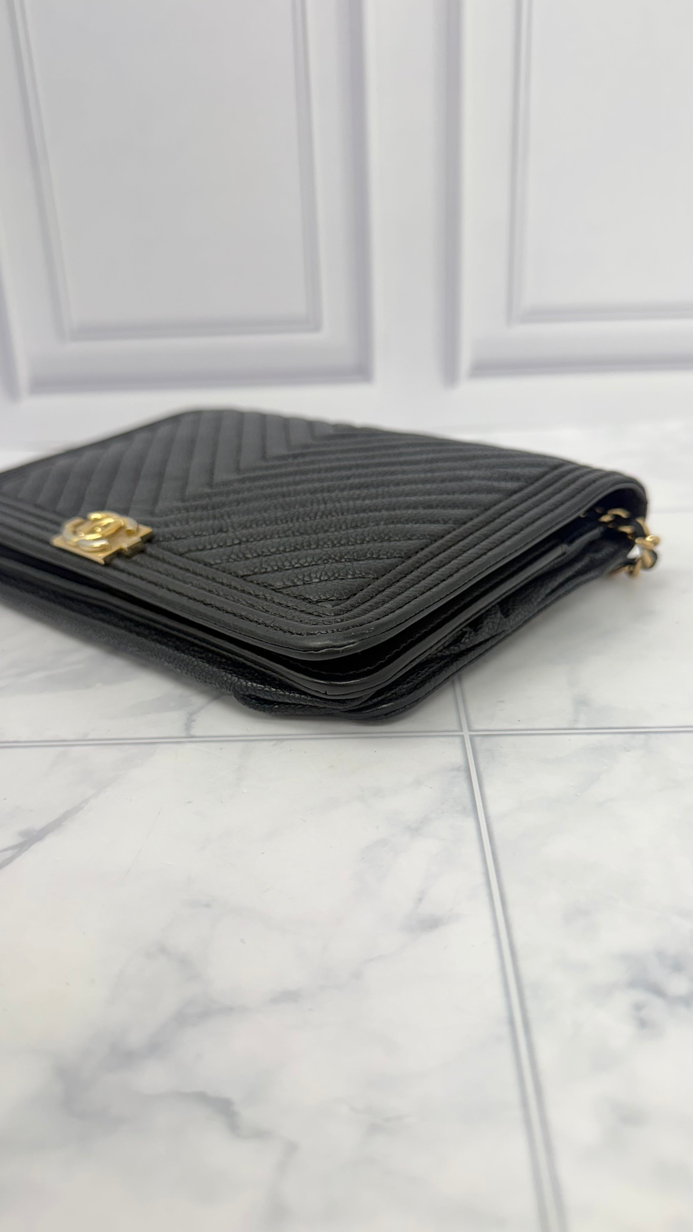 Chanel Black Chevron Caviar Leather Boy Wallet On A Chain
