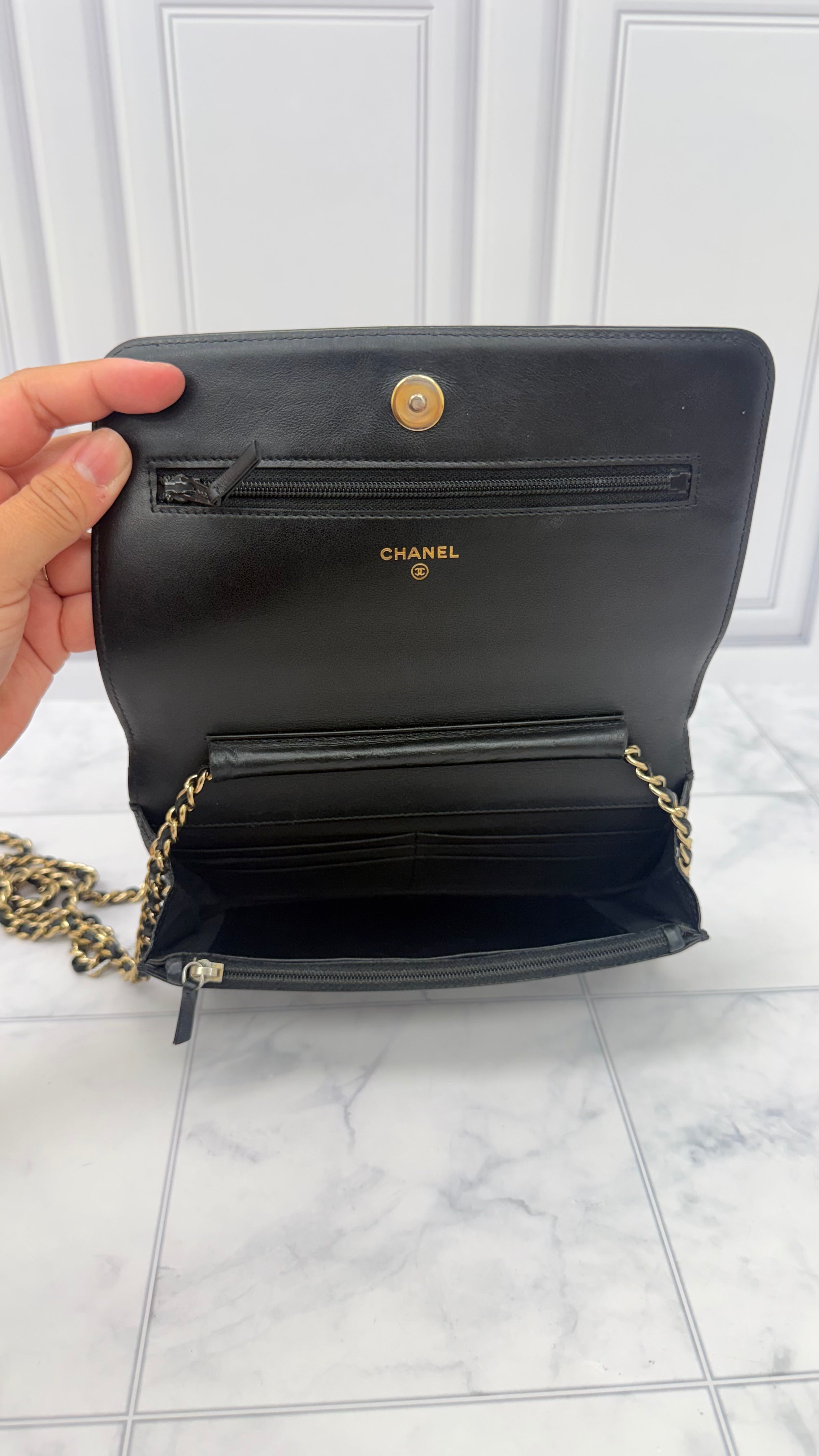 Chanel Black Chevron Caviar Leather Boy Wallet On A Chain