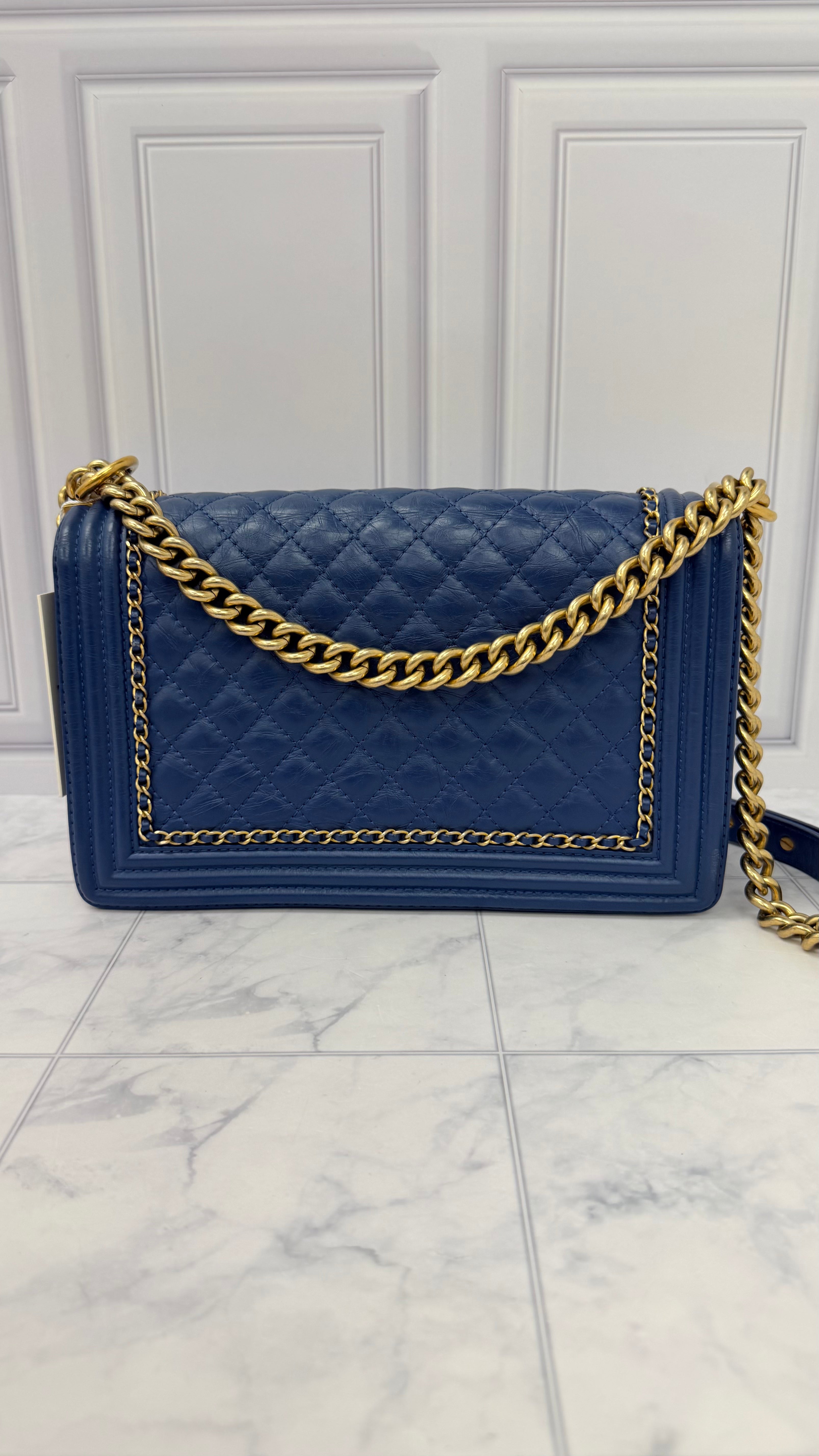 Chanel Blue Aged Calfskin Leather Jacket Boy Medium Flap Bag
