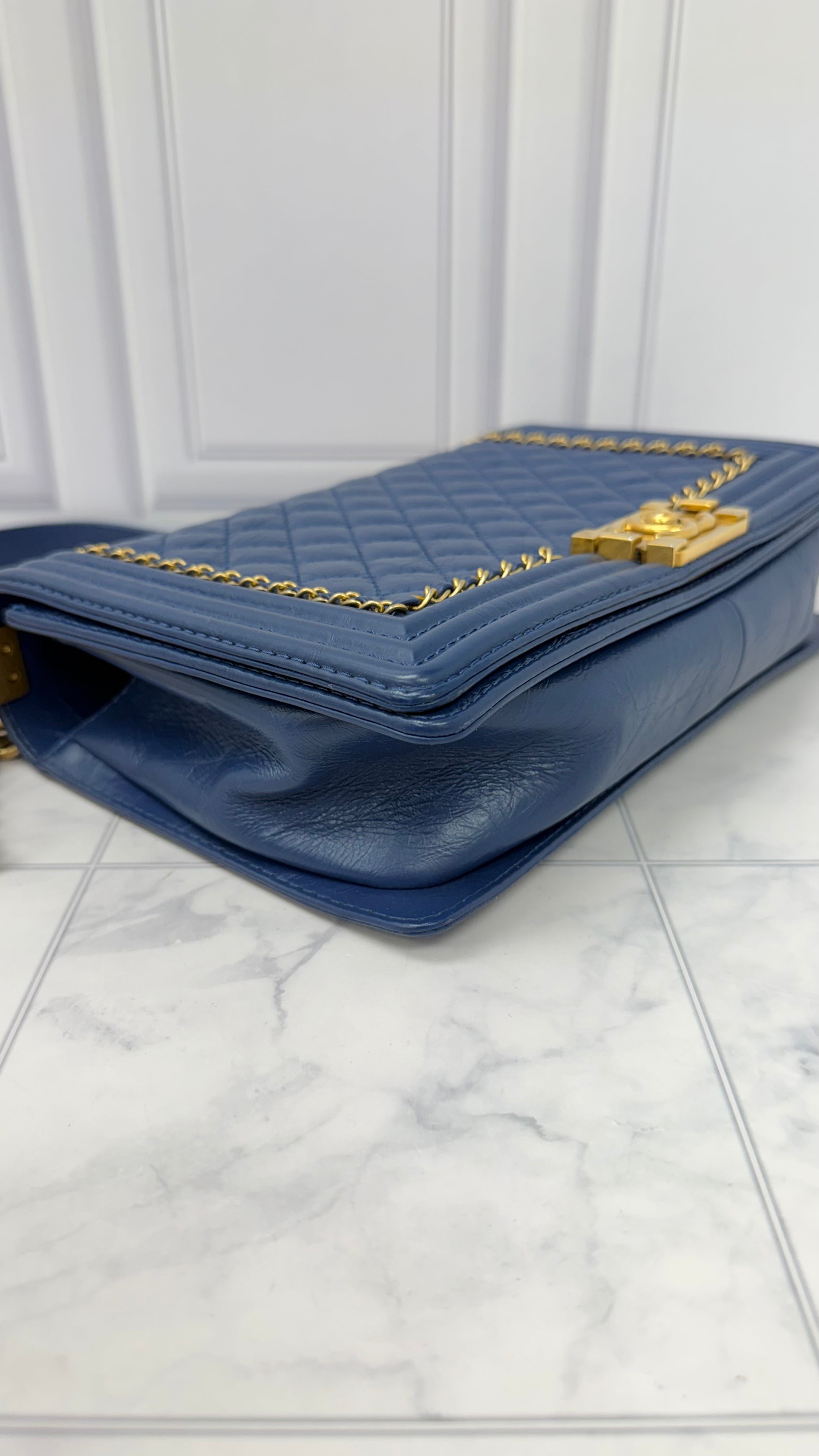 Chanel Blue Aged Calfskin Leather Jacket Boy Medium Flap Bag