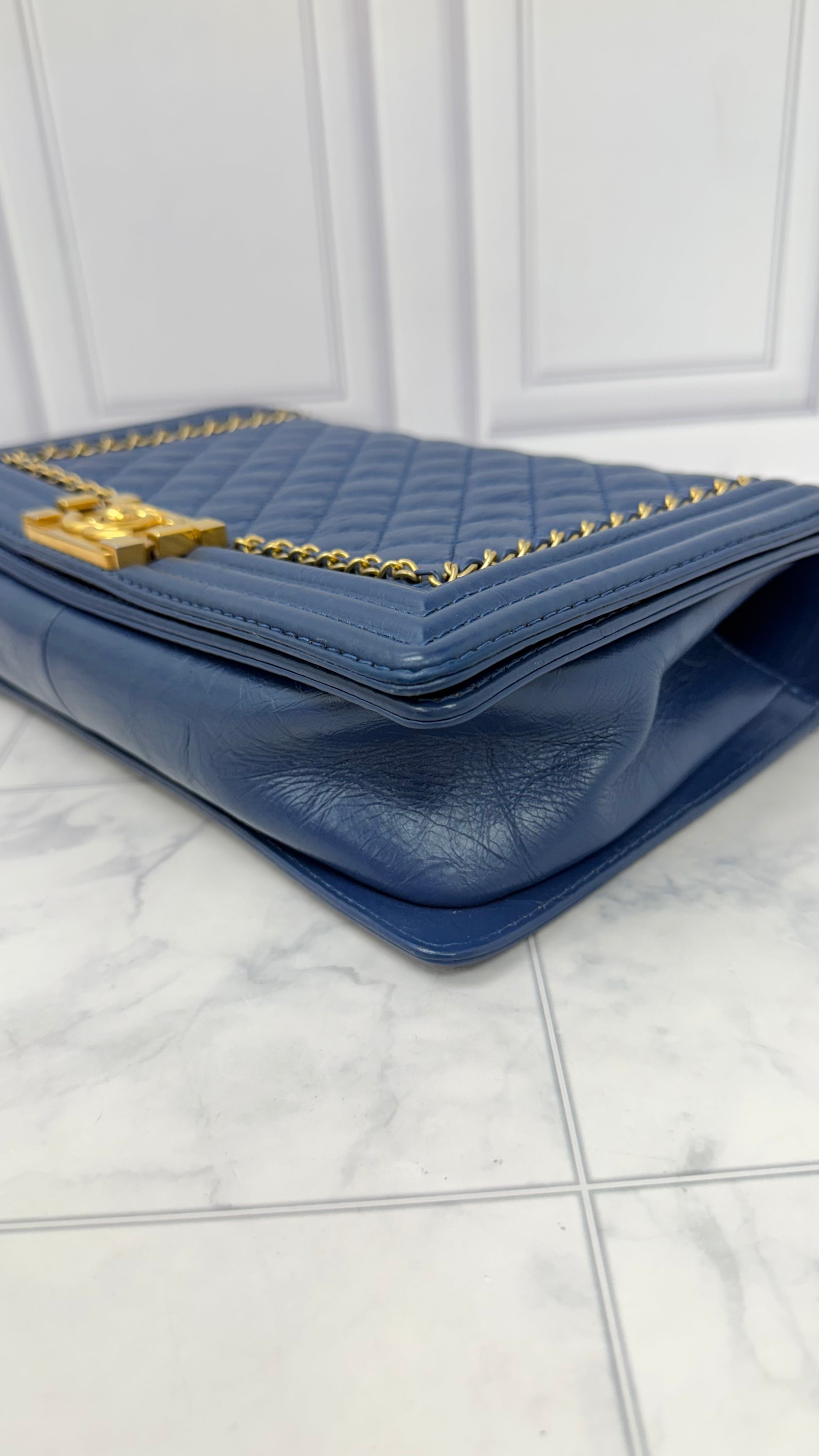 Chanel Blue Aged Calfskin Leather Jacket Boy Medium Flap Bag