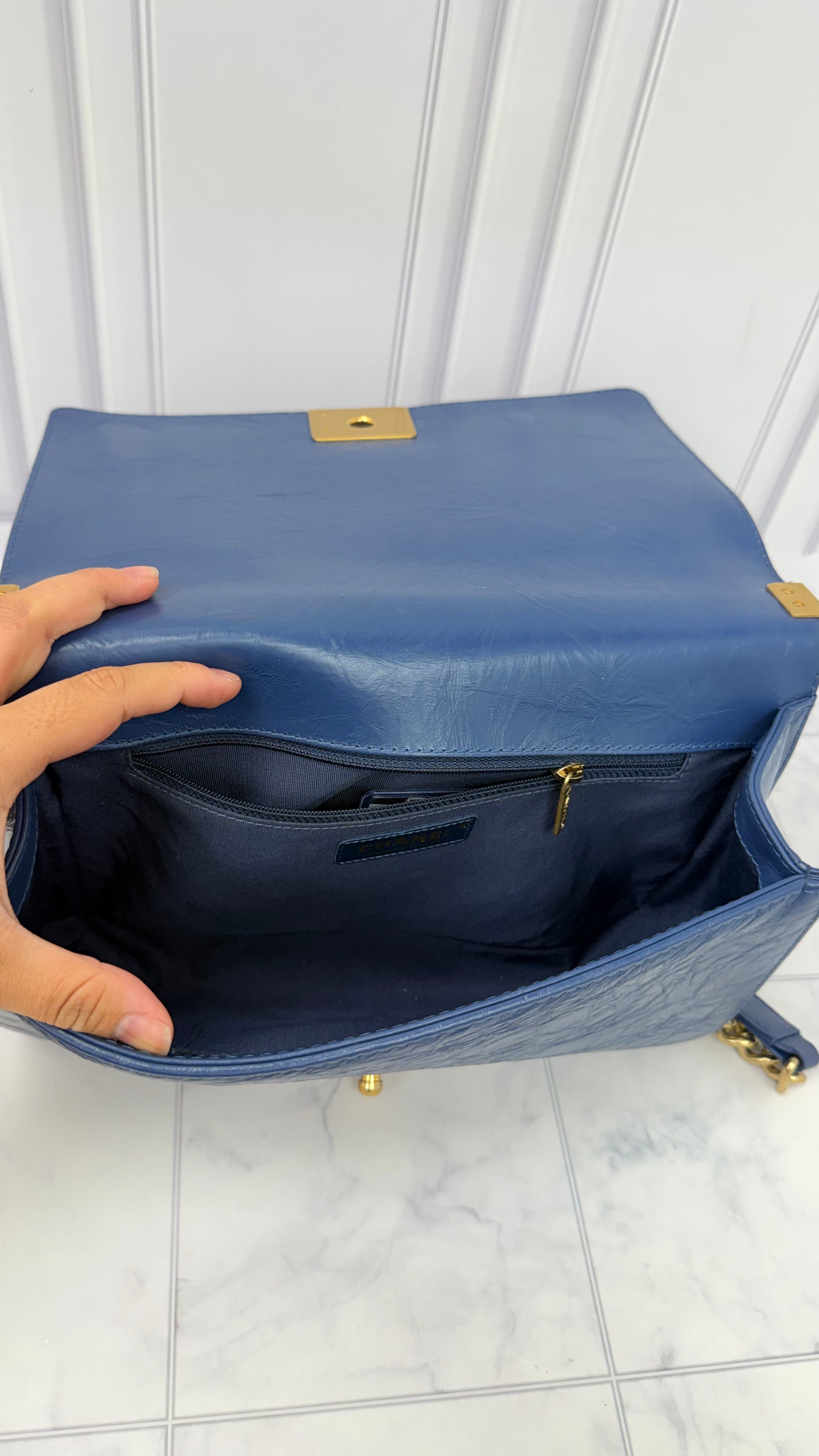 Chanel Blue Aged Calfskin Leather Jacket Boy Medium Flap Bag
