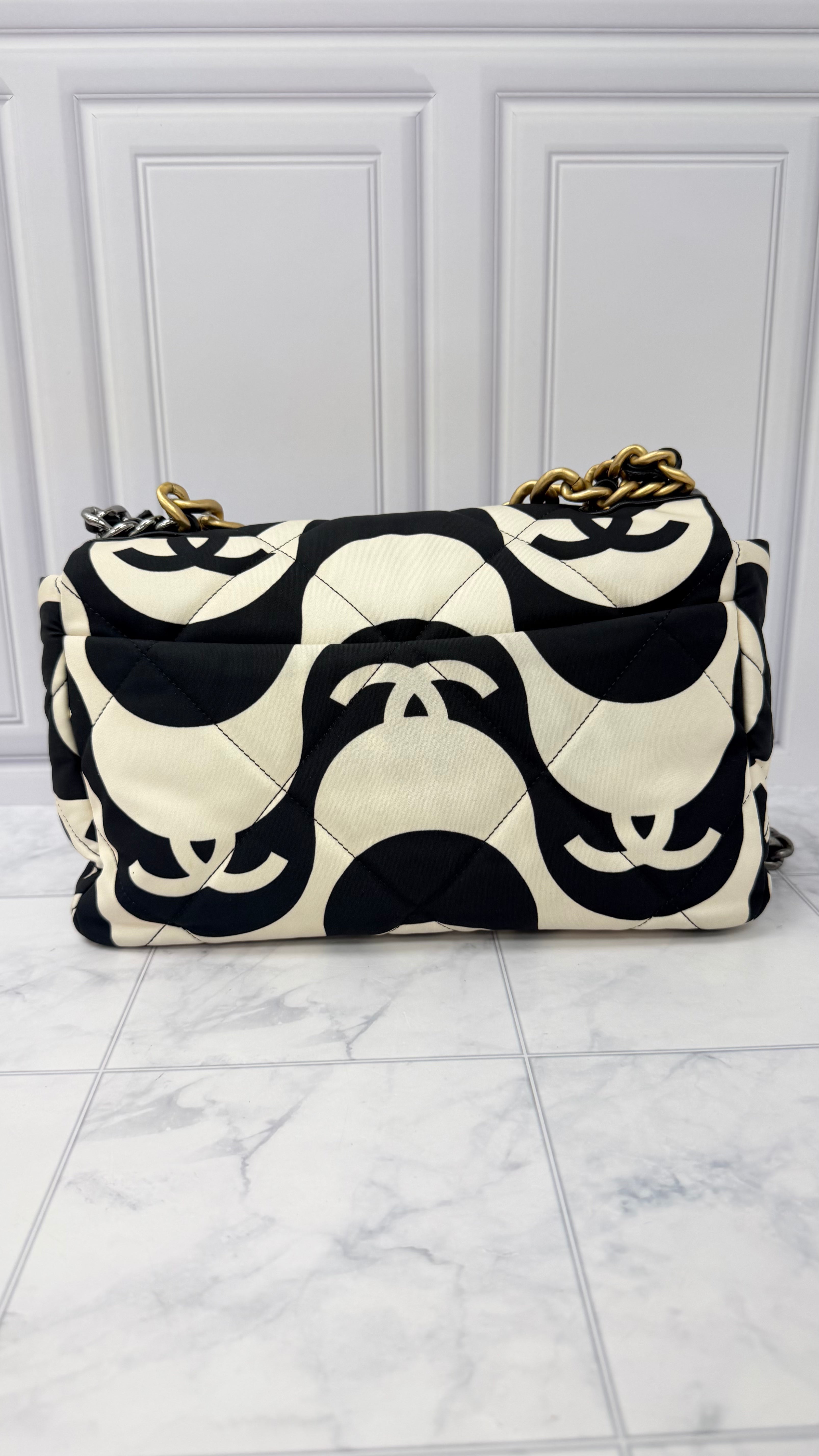 Chanel Black And White Quilted Printed Silk Chanel 19 Large Flap Bag