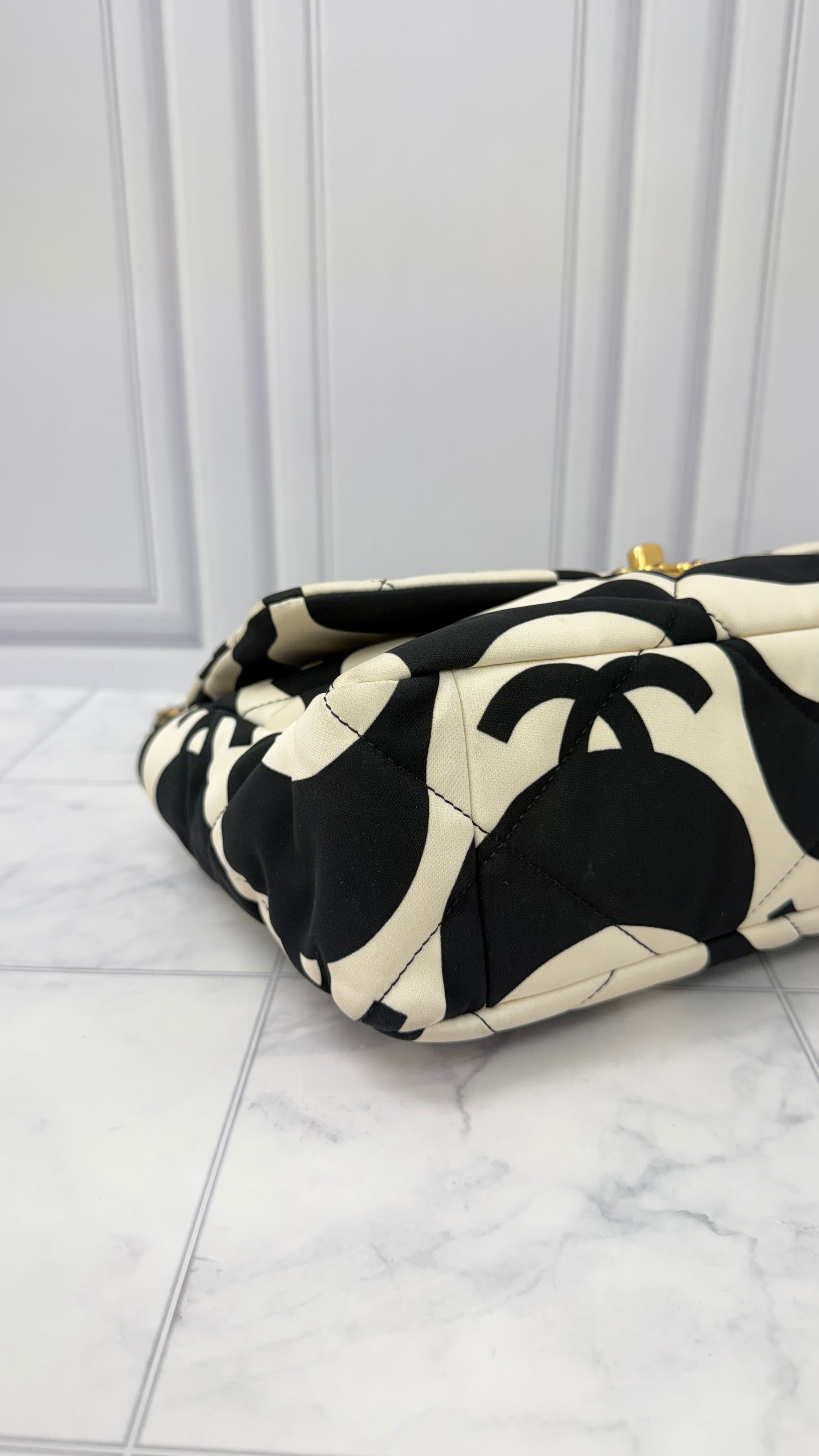 Chanel Black And White Quilted Printed Silk Chanel 19 Large Flap Bag