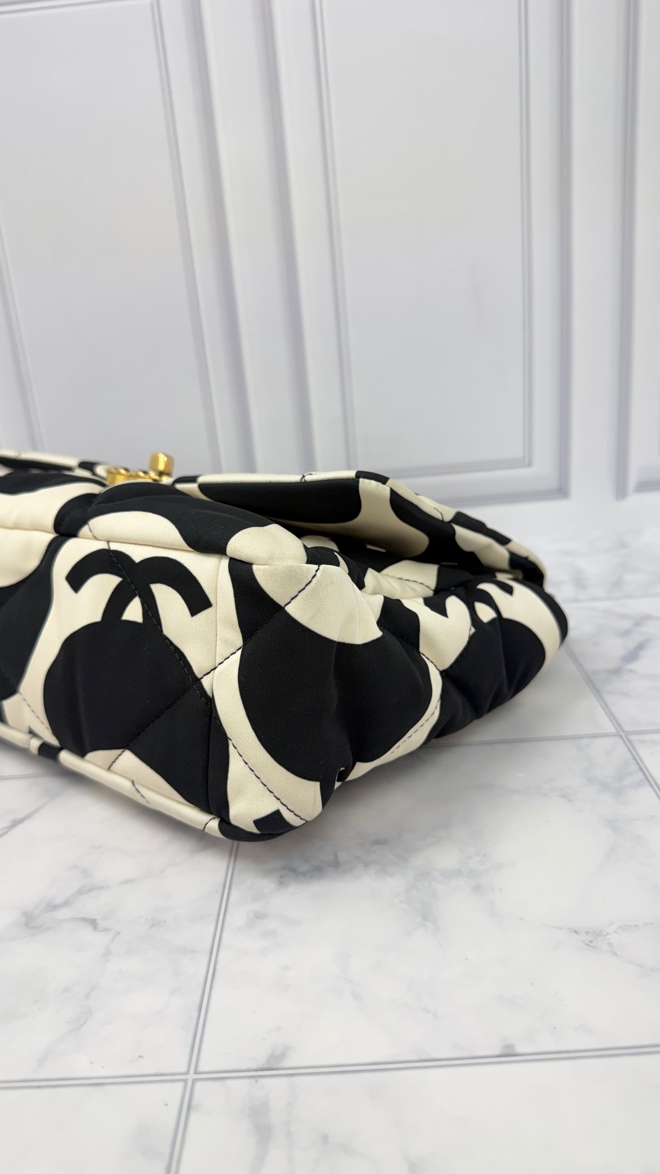 Chanel Black And White Quilted Printed Silk Chanel 19 Large Flap Bag