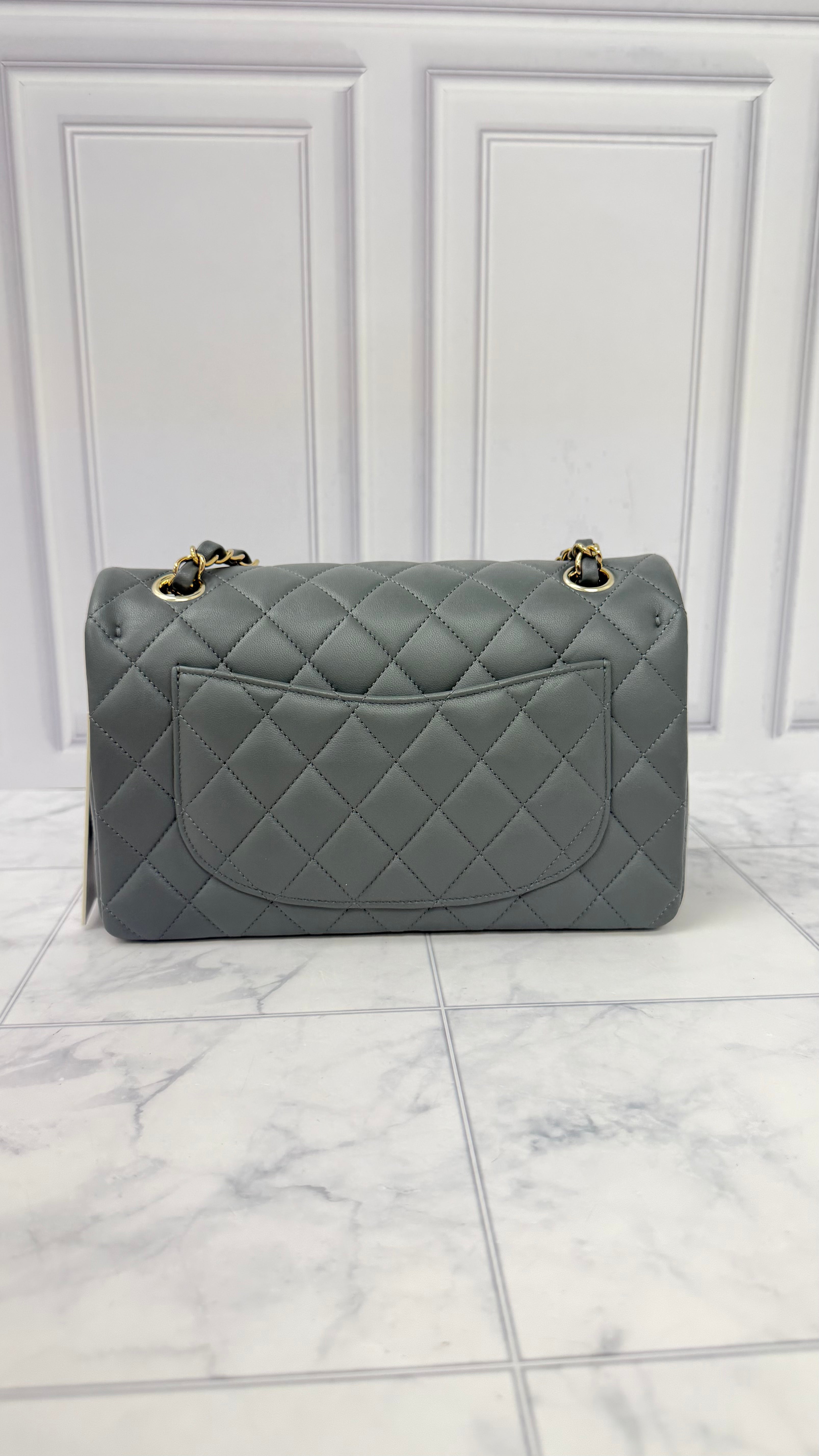 Chanel Grey Quilted Lambskin Classic Small Double Flap Bag