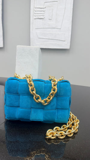 Bottega Veneta Teal Suede Leather Cassette Chain Crossbody