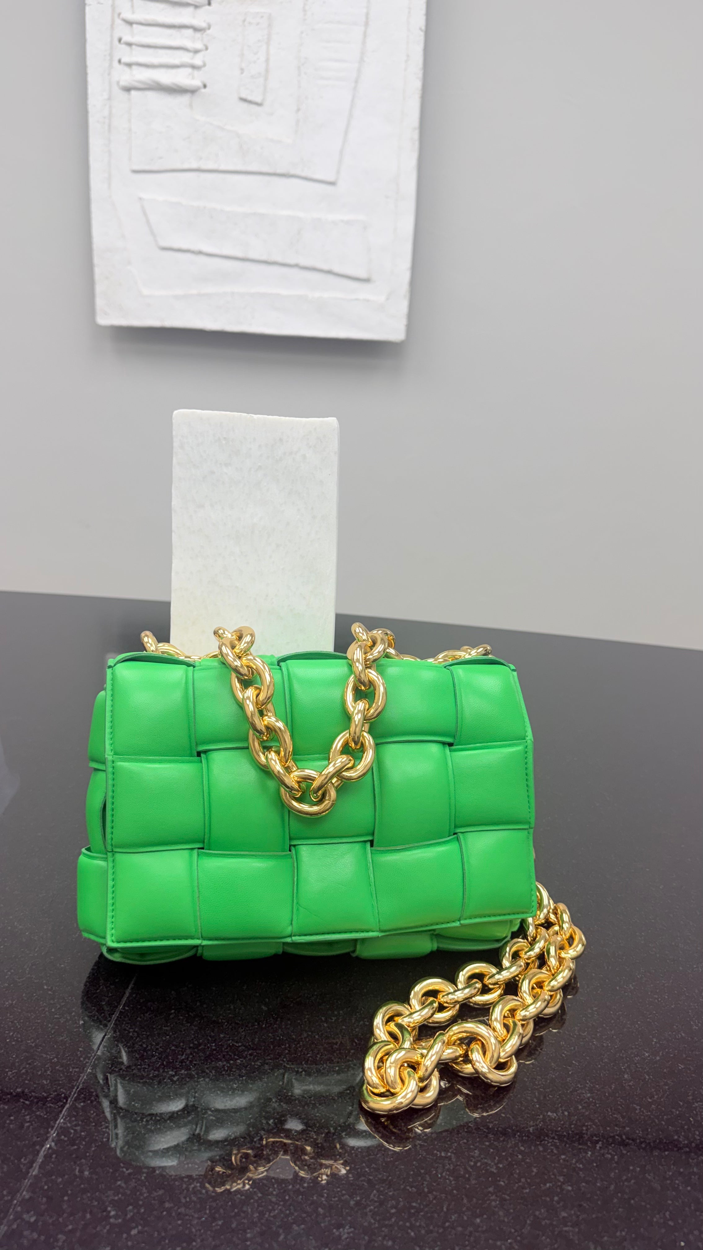 LIKE NEW - Bottega Veneta Green Leather Cassette Chain Crossbody Bag