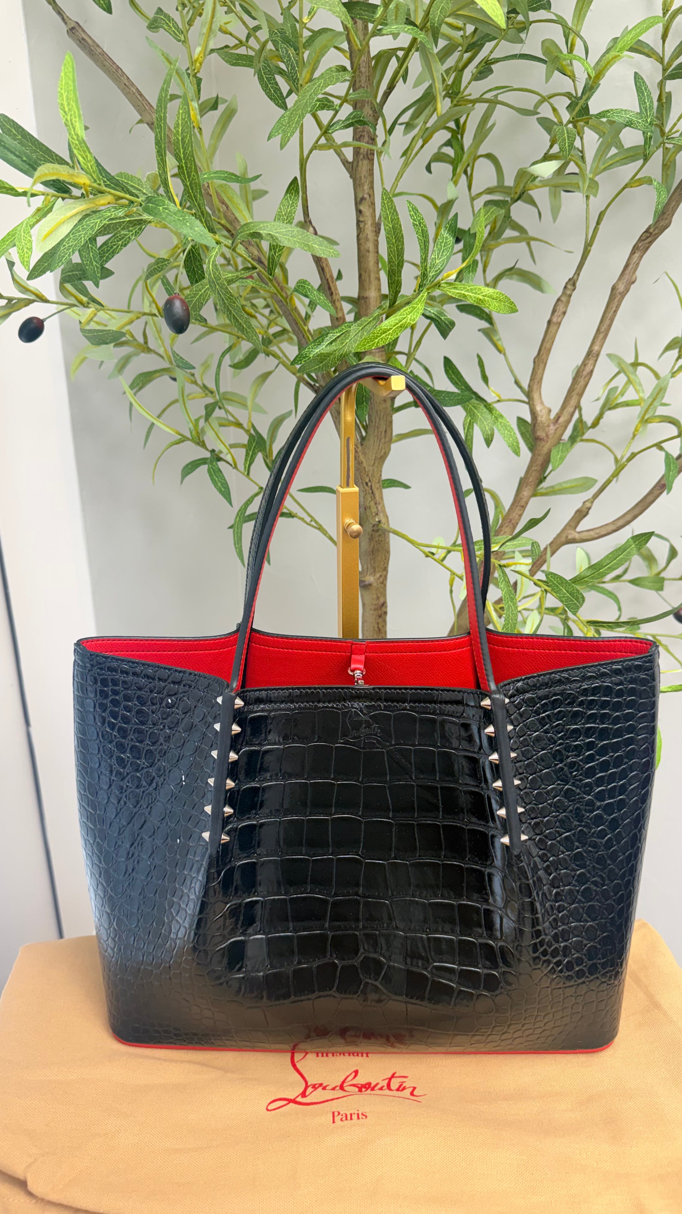 LIKE NEW - Christian  Louboutin Black Croc Embossed Leather Studded Tote Bag