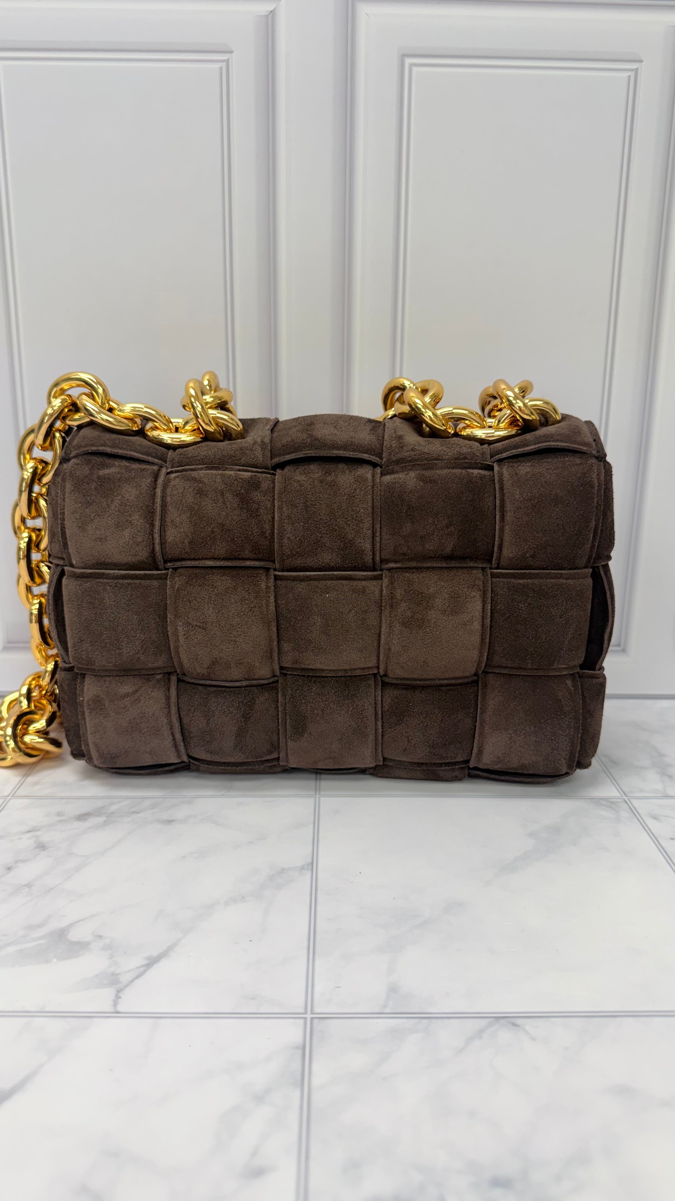 LIKE NEW - Bottega Veneta Brown Suede Leather Cassette Chain Crossbody Bag