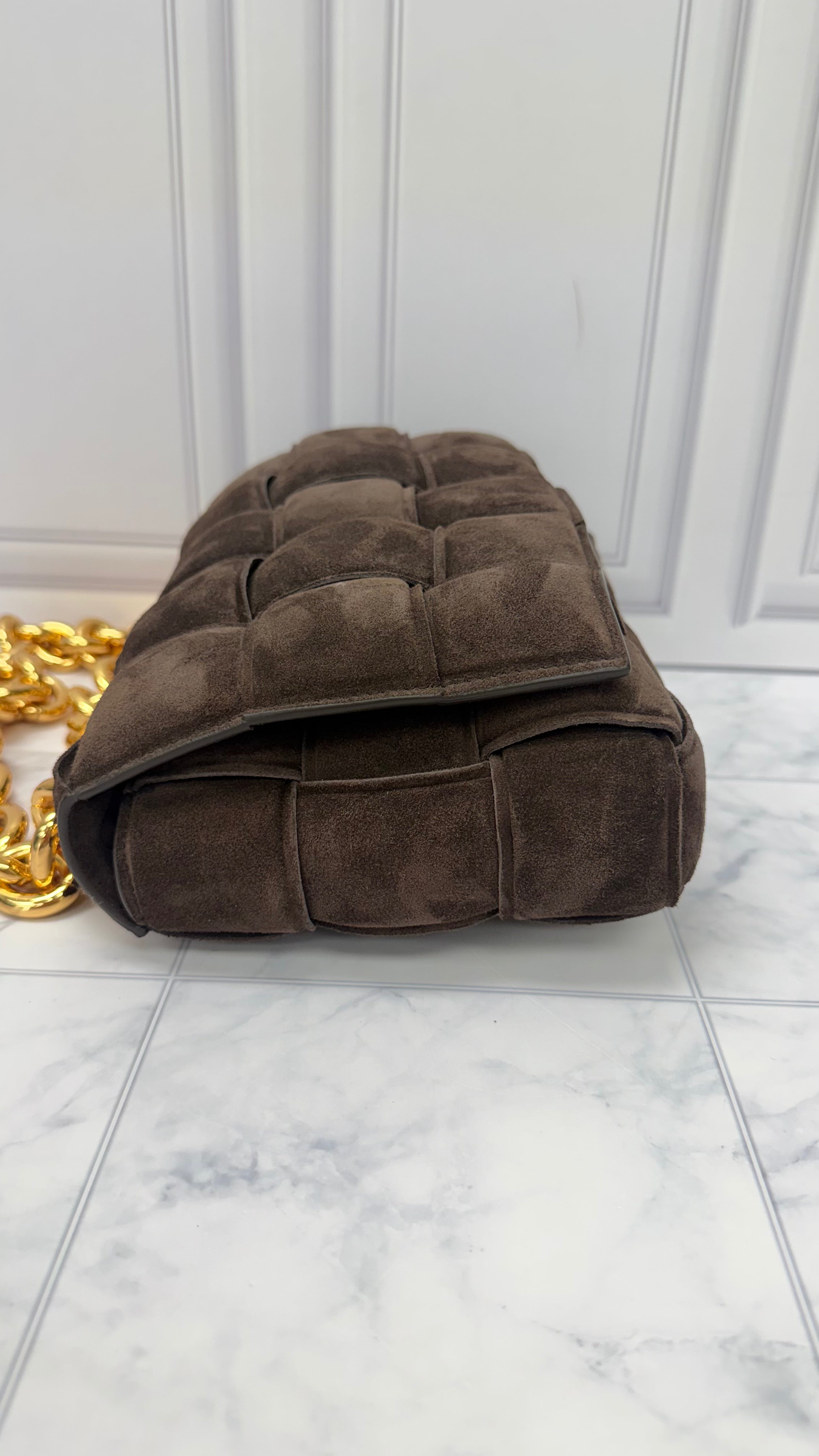 LIKE NEW - Bottega Veneta Brown Suede Leather Cassette Chain Crossbody Bag