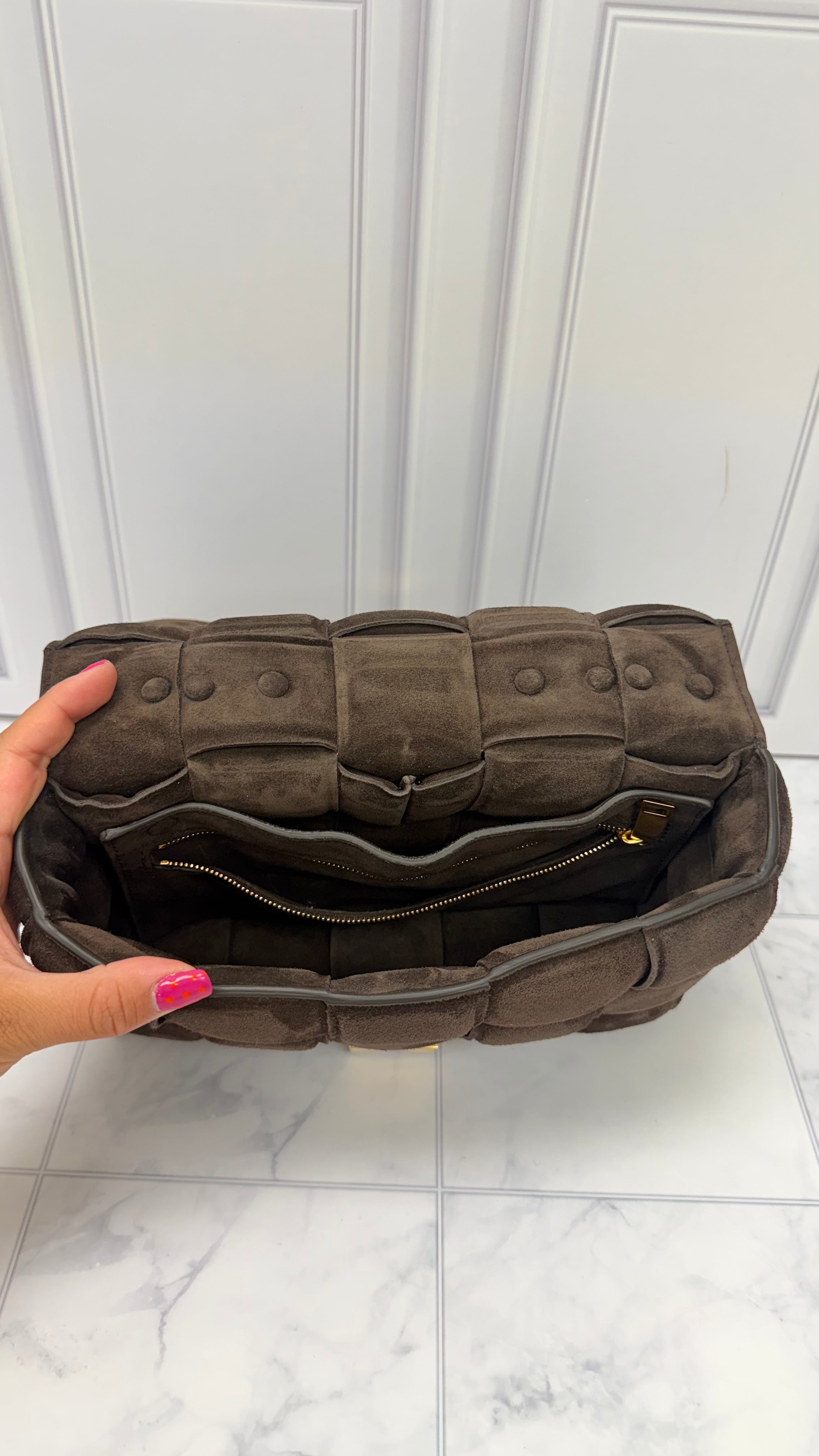 LIKE NEW - Bottega Veneta Brown Suede Leather Cassette Chain Crossbody Bag