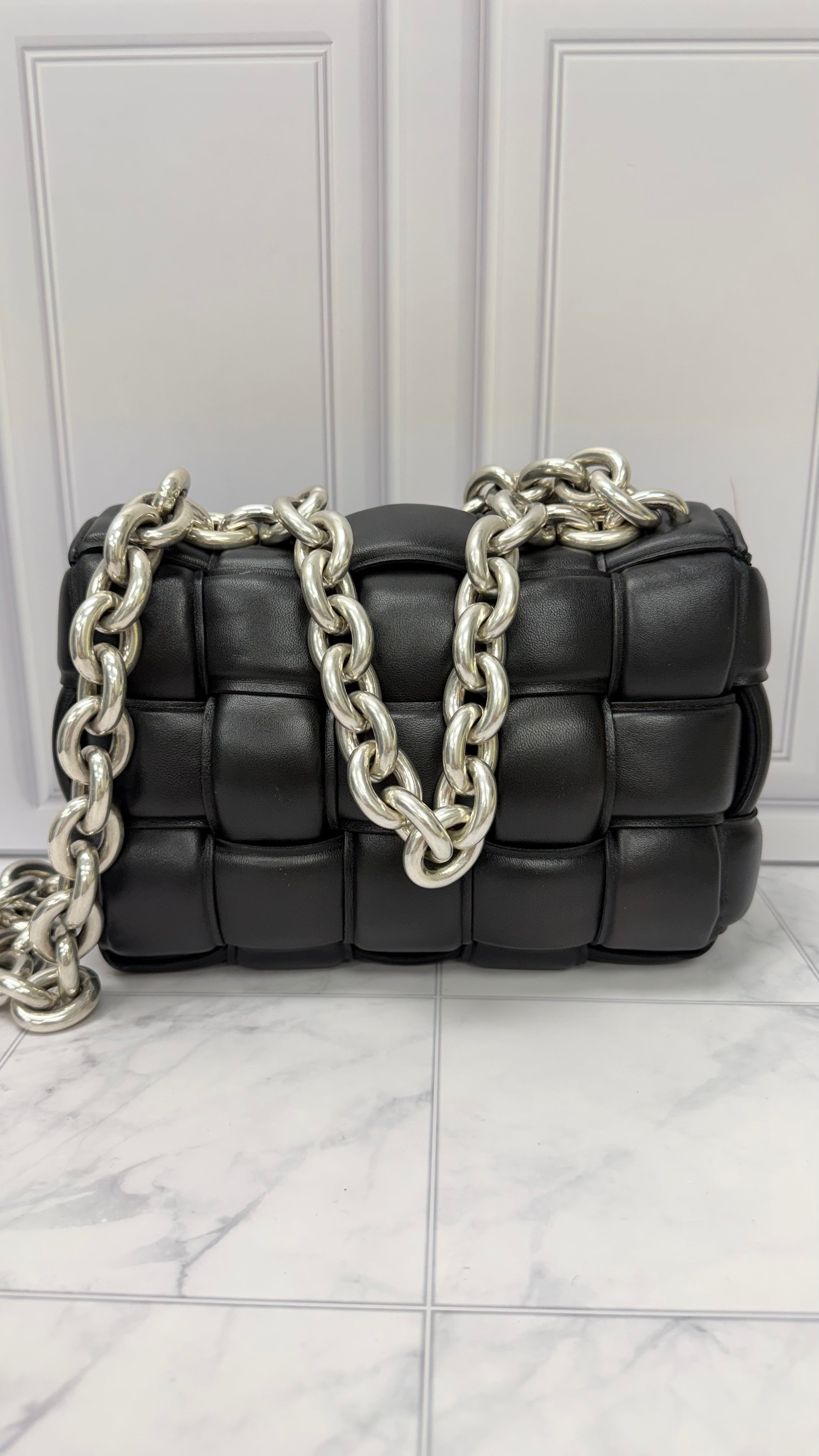 LIKE NEW - Bottega Veneta Black Lambskin Leather Cassette Chain Crossbody Bag