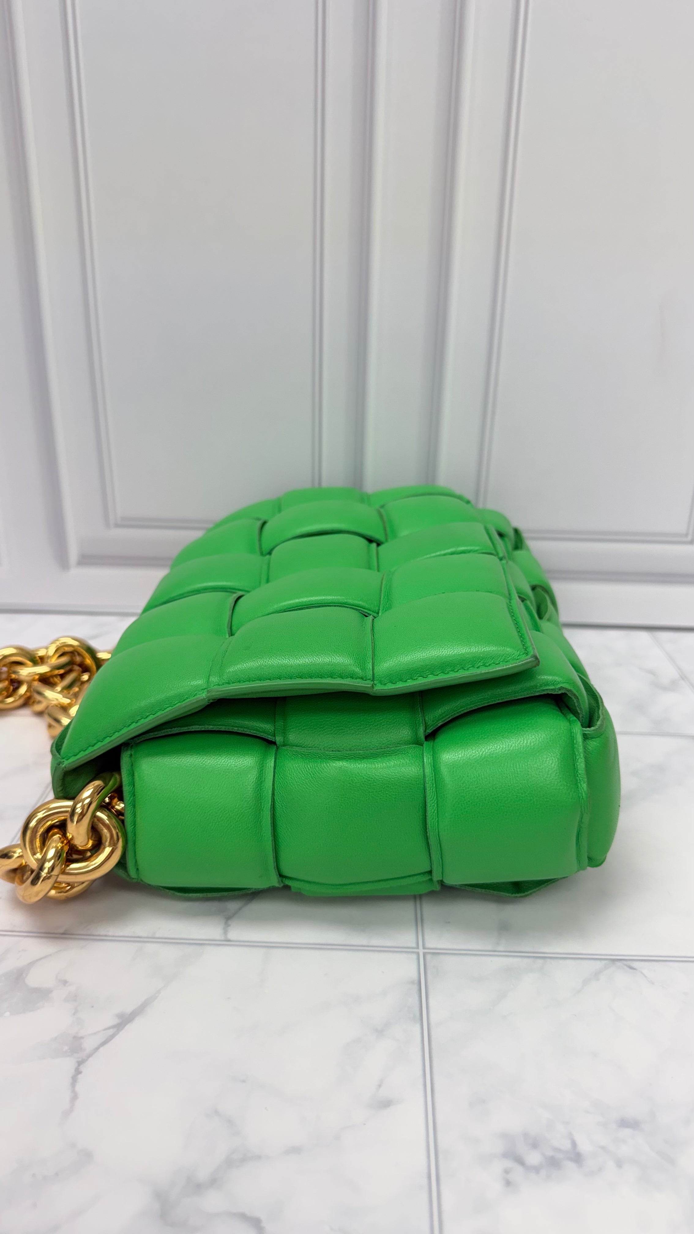 LIKE NEW - Bottega Veneta Green Leather Cassette Chain Crossbody Bag