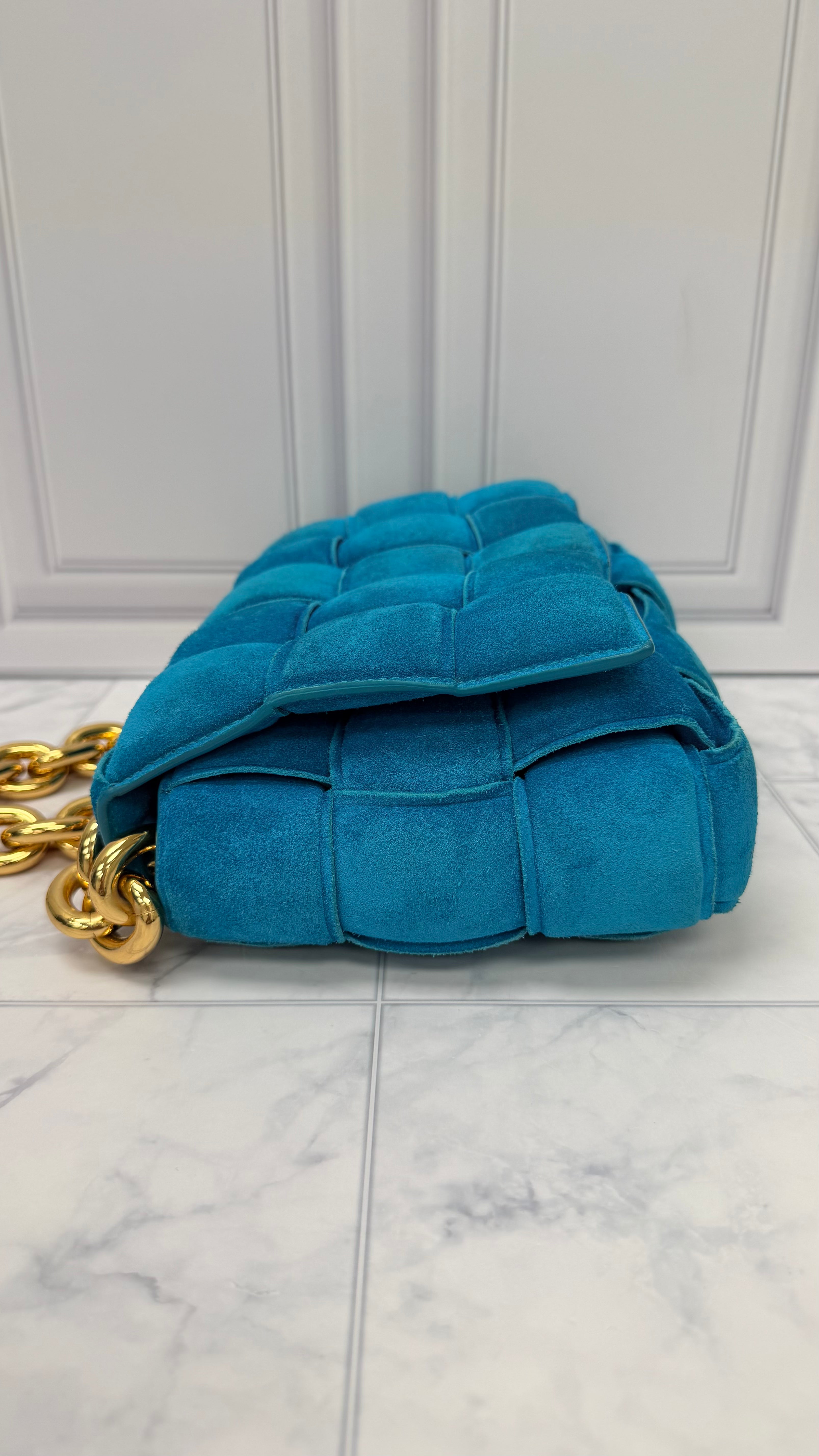 Bottega Veneta Teal Suede Leather Cassette Chain Crossbody