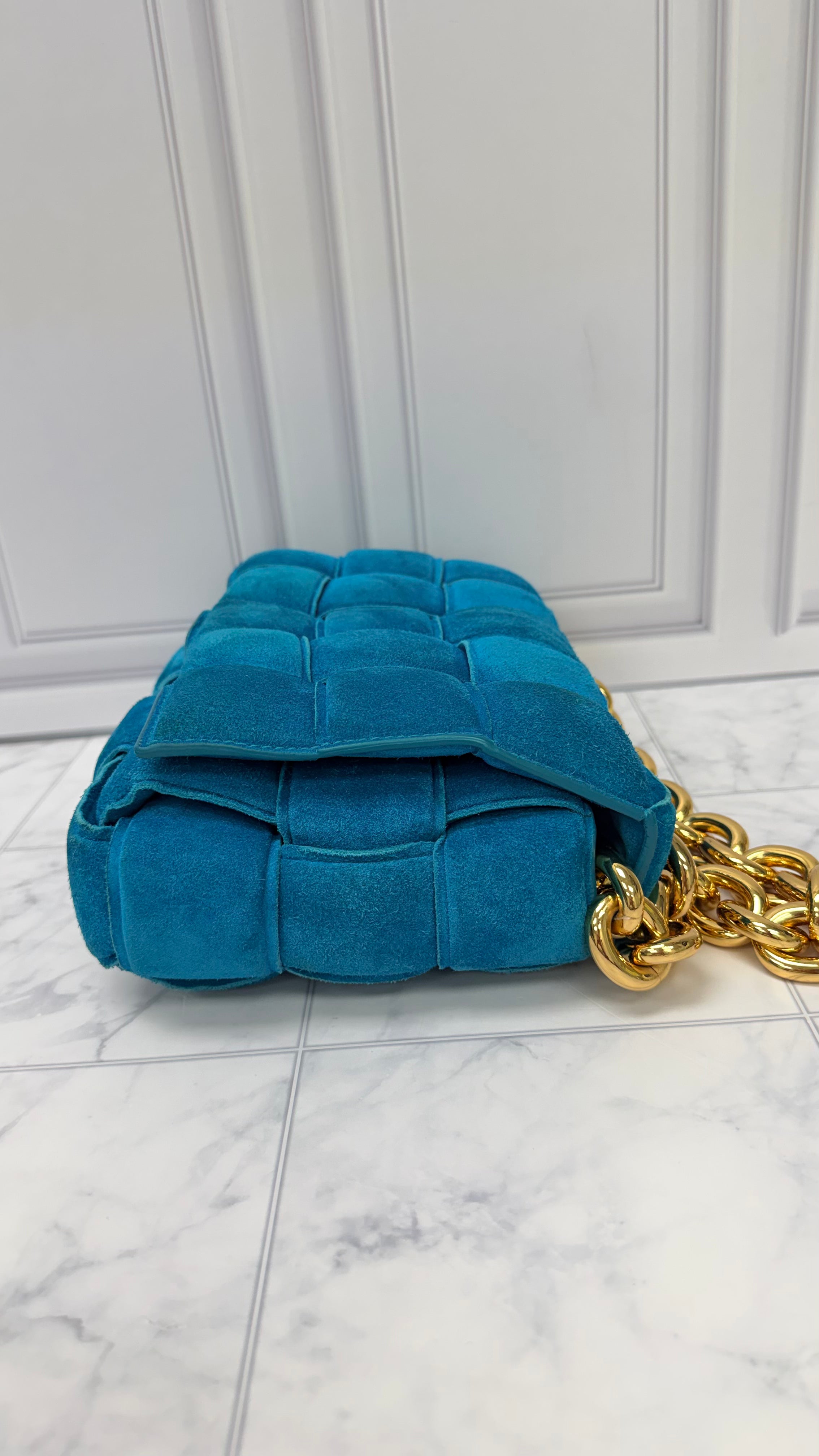 Bottega Veneta Teal Suede Leather Cassette Chain Crossbody