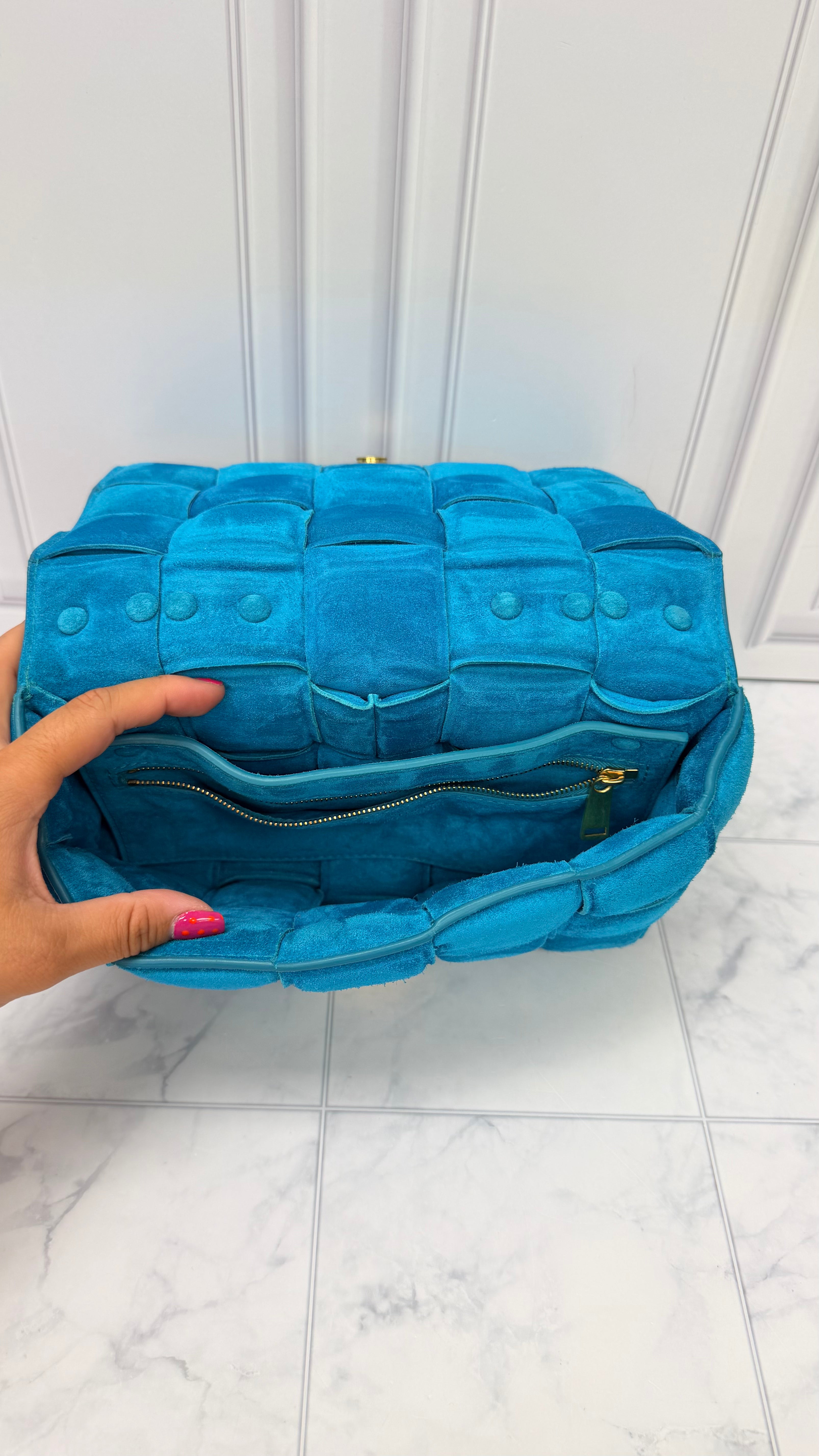 Bottega Veneta Teal Suede Leather Cassette Chain Crossbody