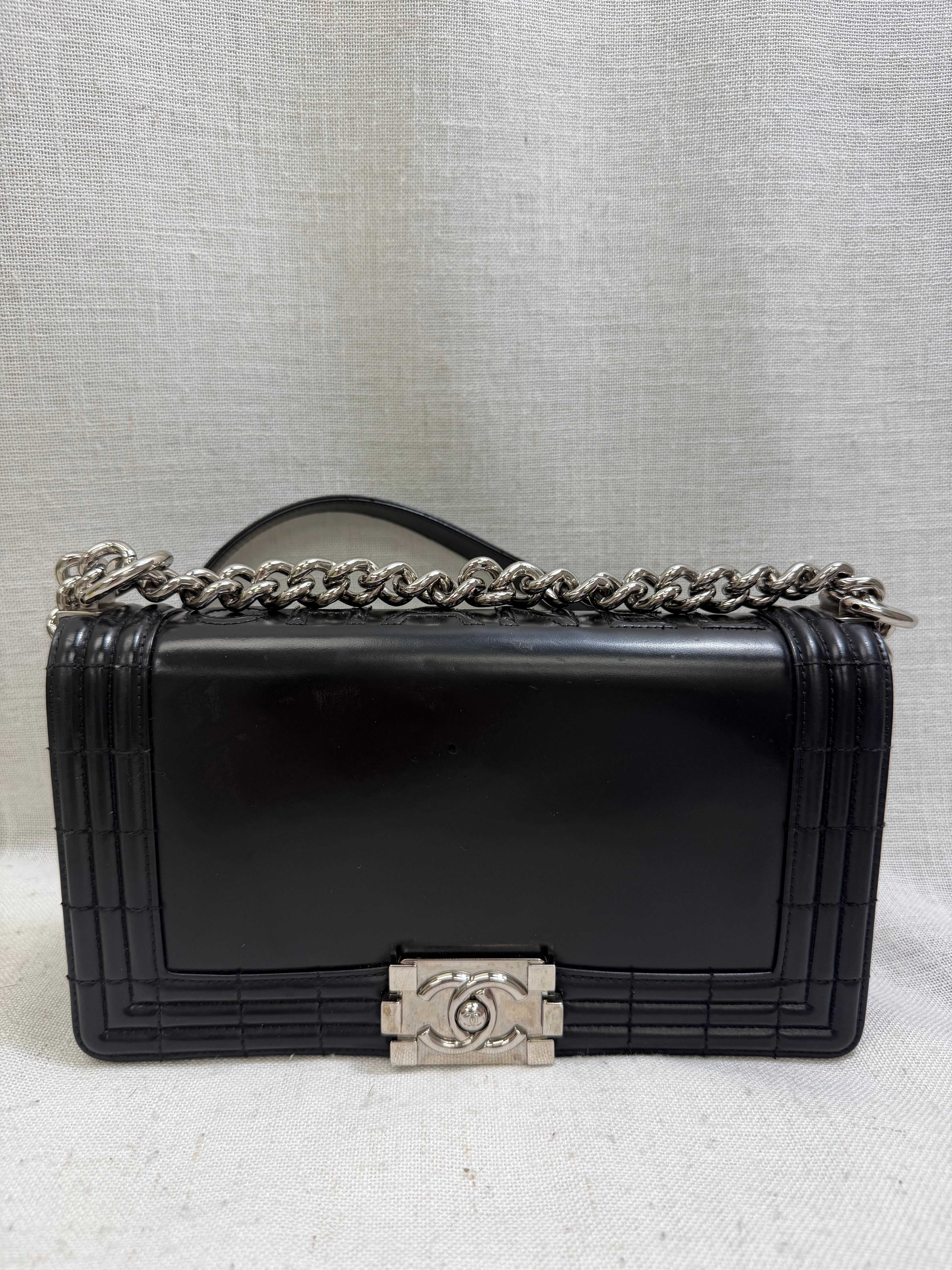 Chanel Black Glazed Leather Medium Boy Bag