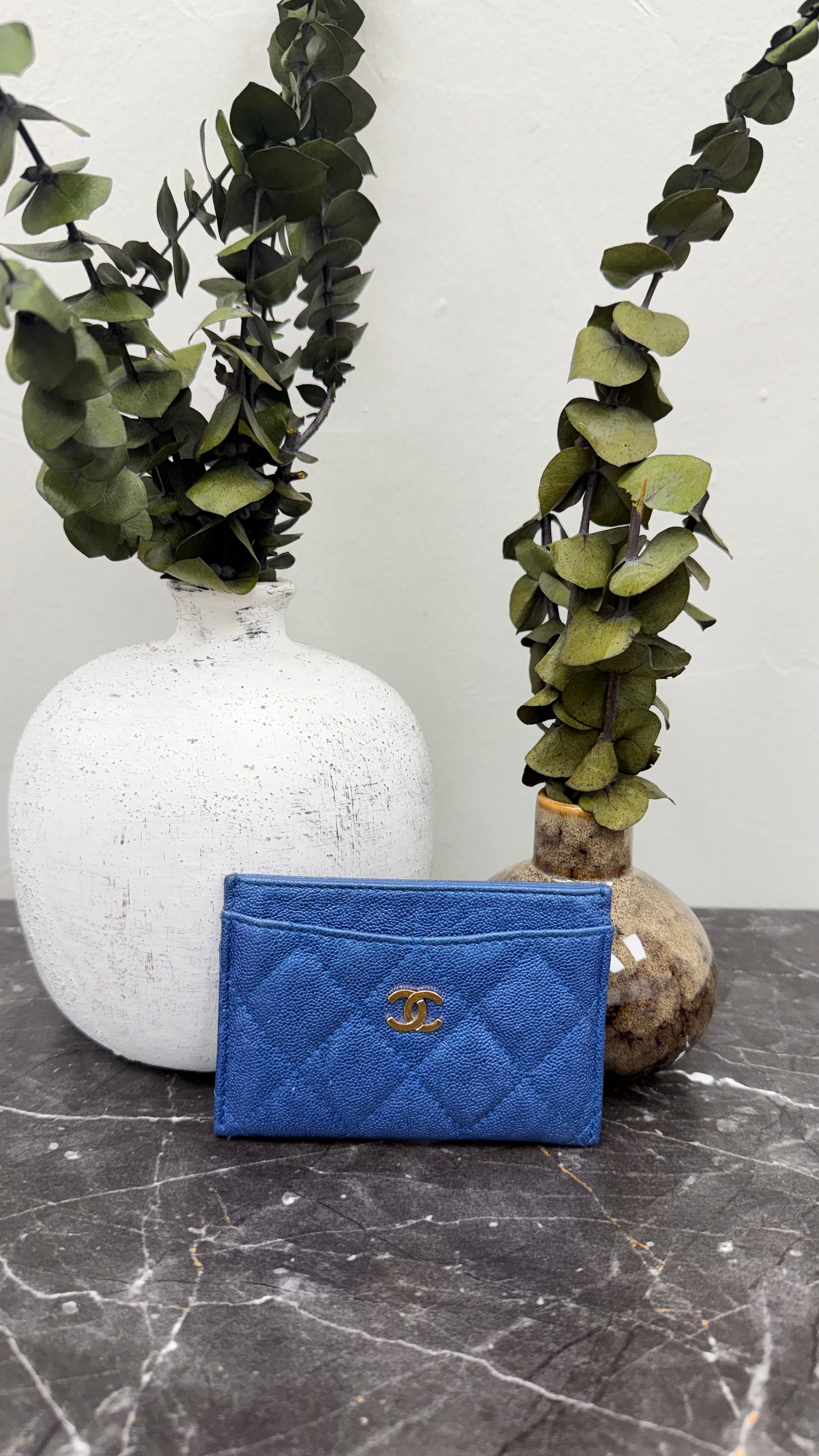 Chanel Blue iridescent Quilted Caviar Leather Card Holder