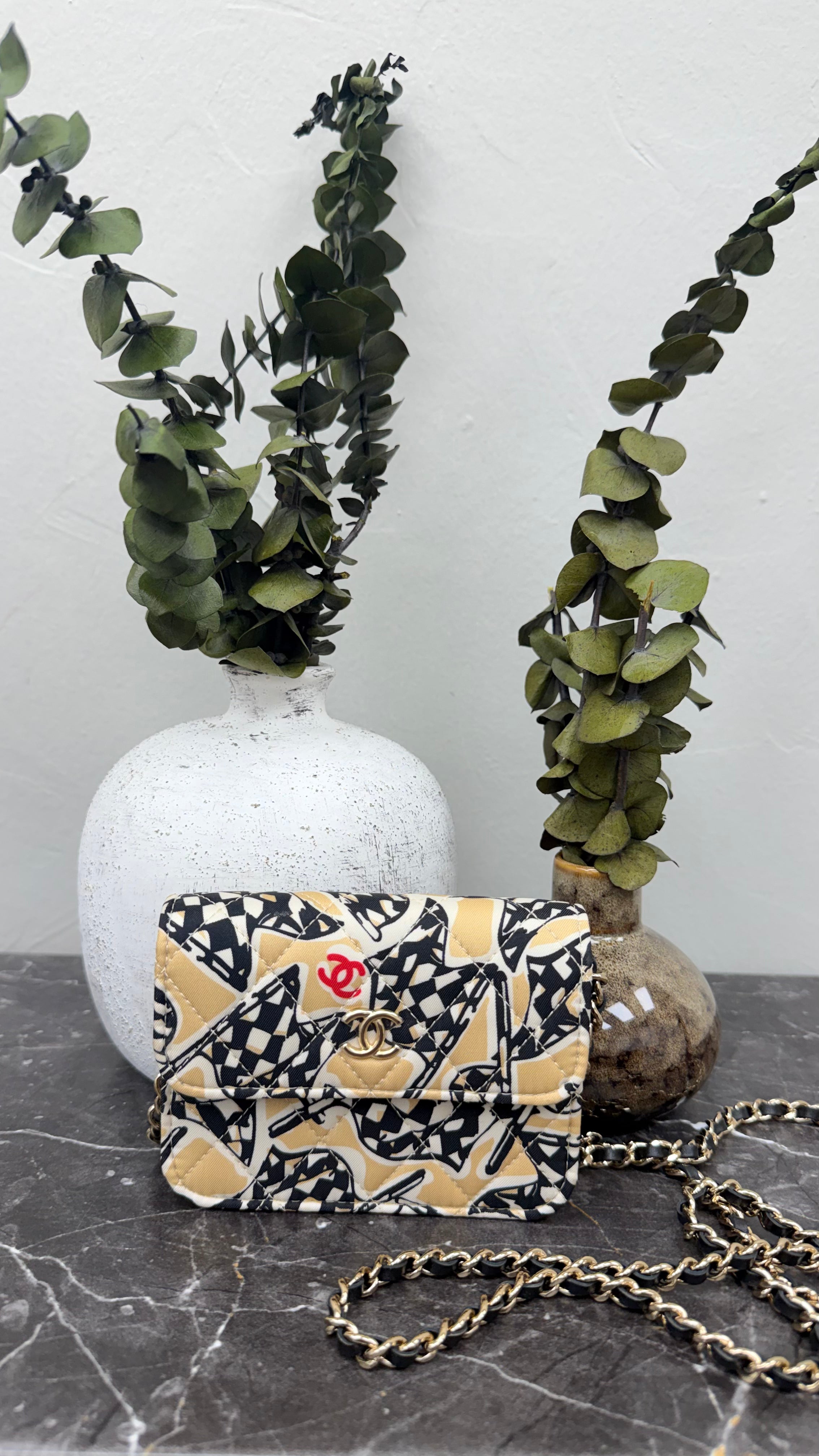 LIKE NEW - Chanel Beige And Black Canvas Checkered Flag Mini  Clutch Chain