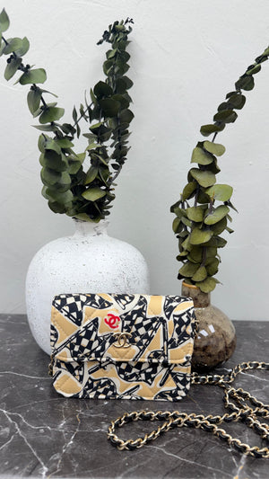 LIKE NEW - Chanel Beige And Black Canvas Checkered Flag Mini  Clutch Chain