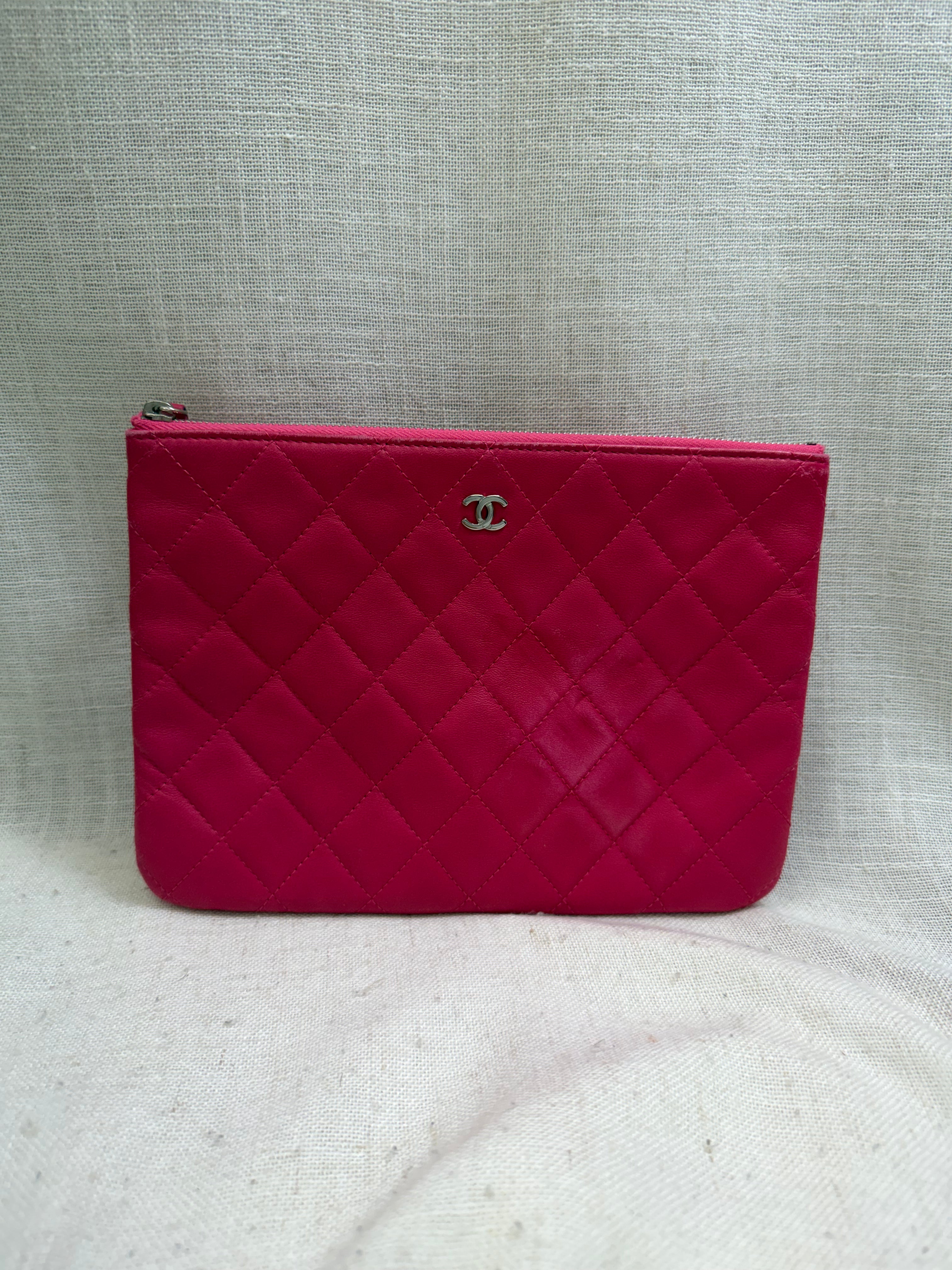 Chanel Hot Pink Lambskin Leather O-Case Clutch Bag