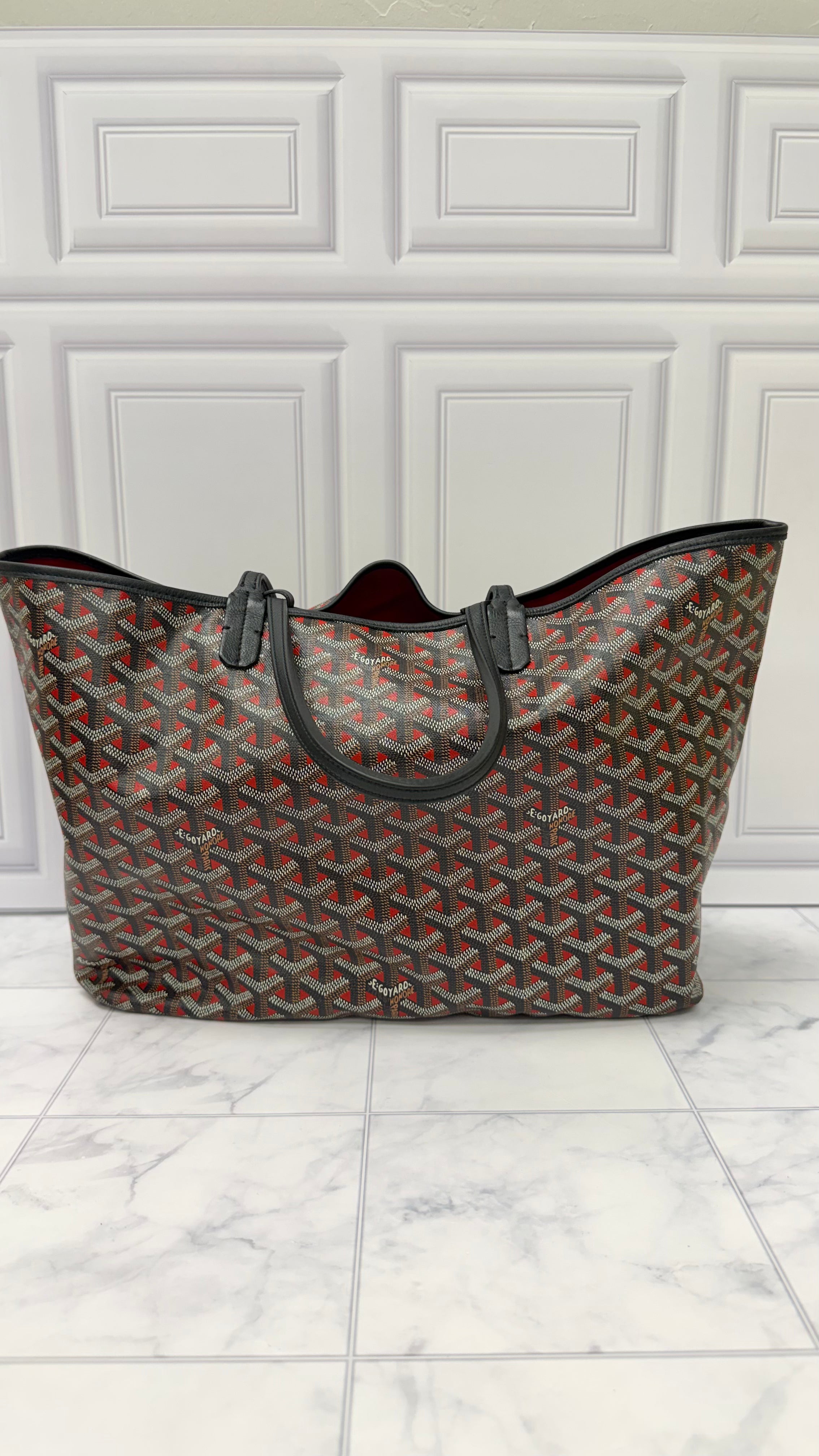 LIKE NEW - Goyard Black And Red Goyardine Saint Louis PM Tote Bag