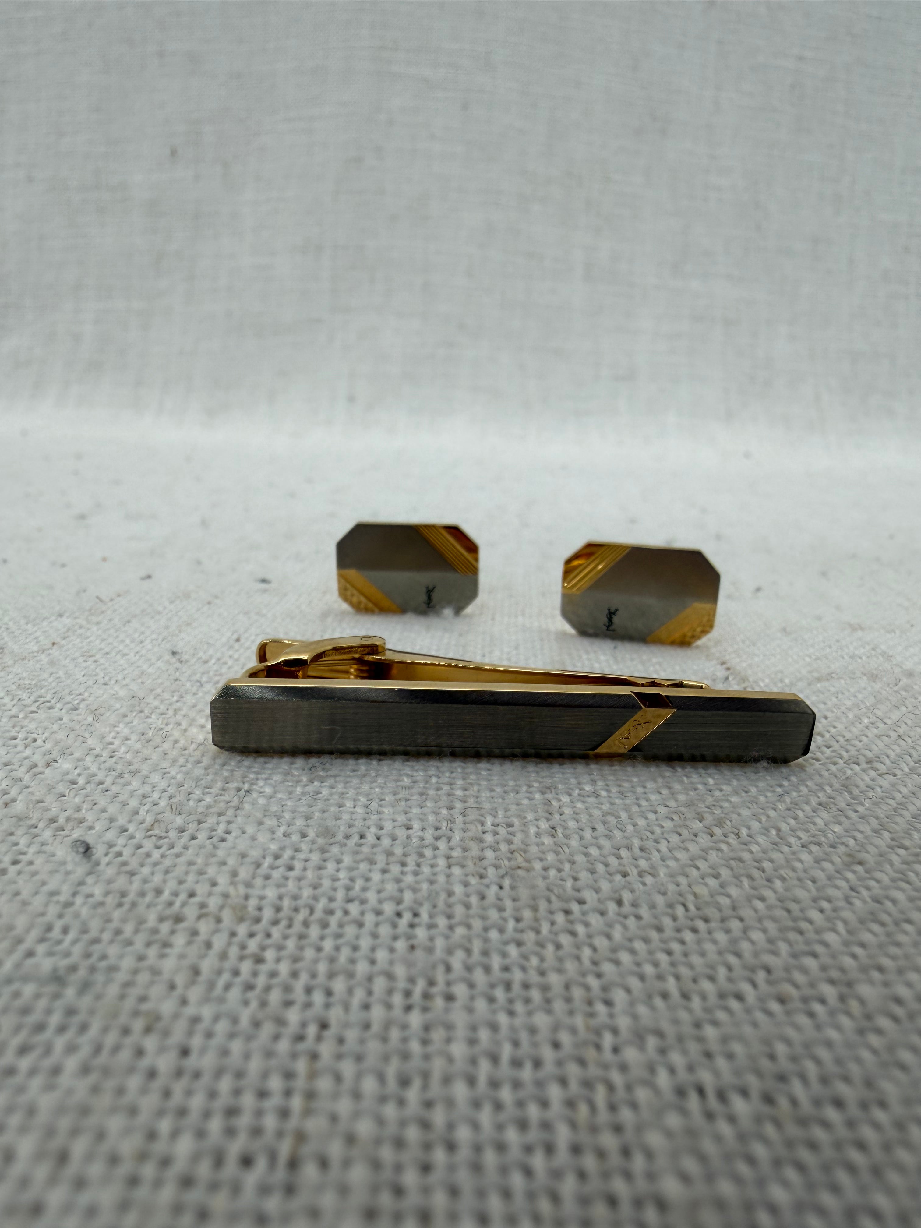 Saint Laurent YSL Vintage Gold Tone Cufflinks & Tie Clip