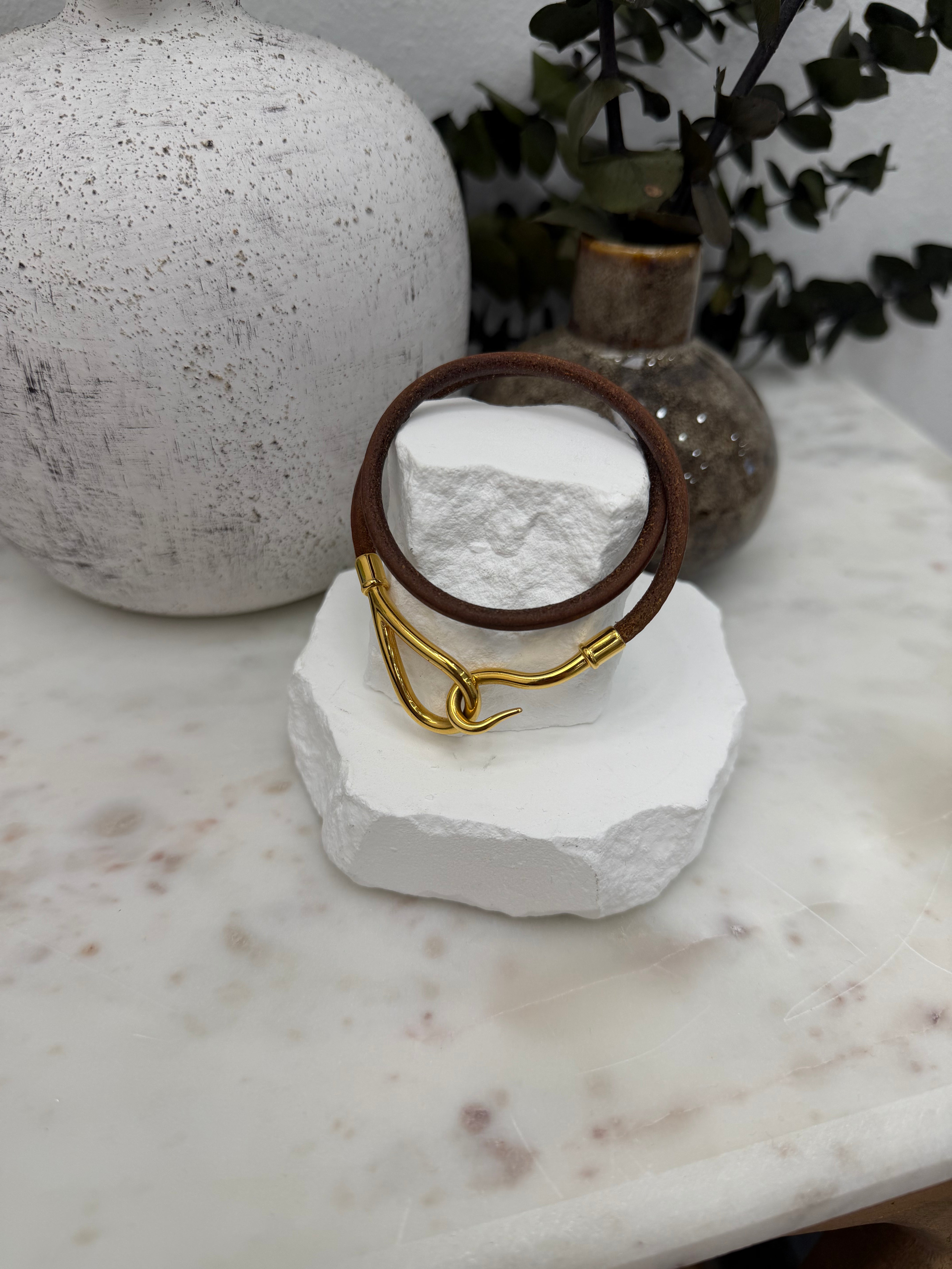 Hermes Gold Tone & Brown Leather Double Wrap Jumbo Hook Bracelet