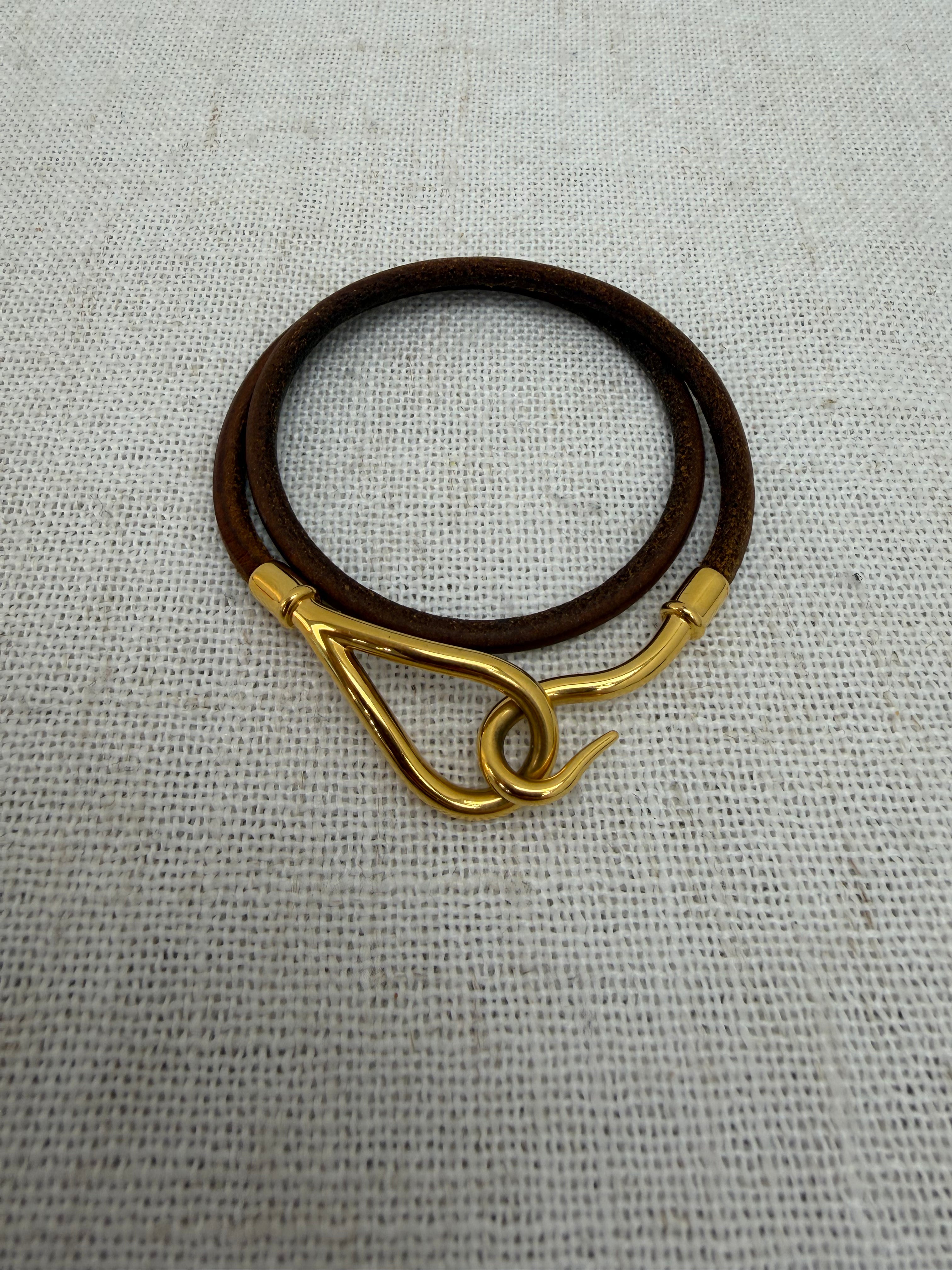 Hermes Gold Tone & Brown Leather Double Wrap Jumbo Hook Bracelet