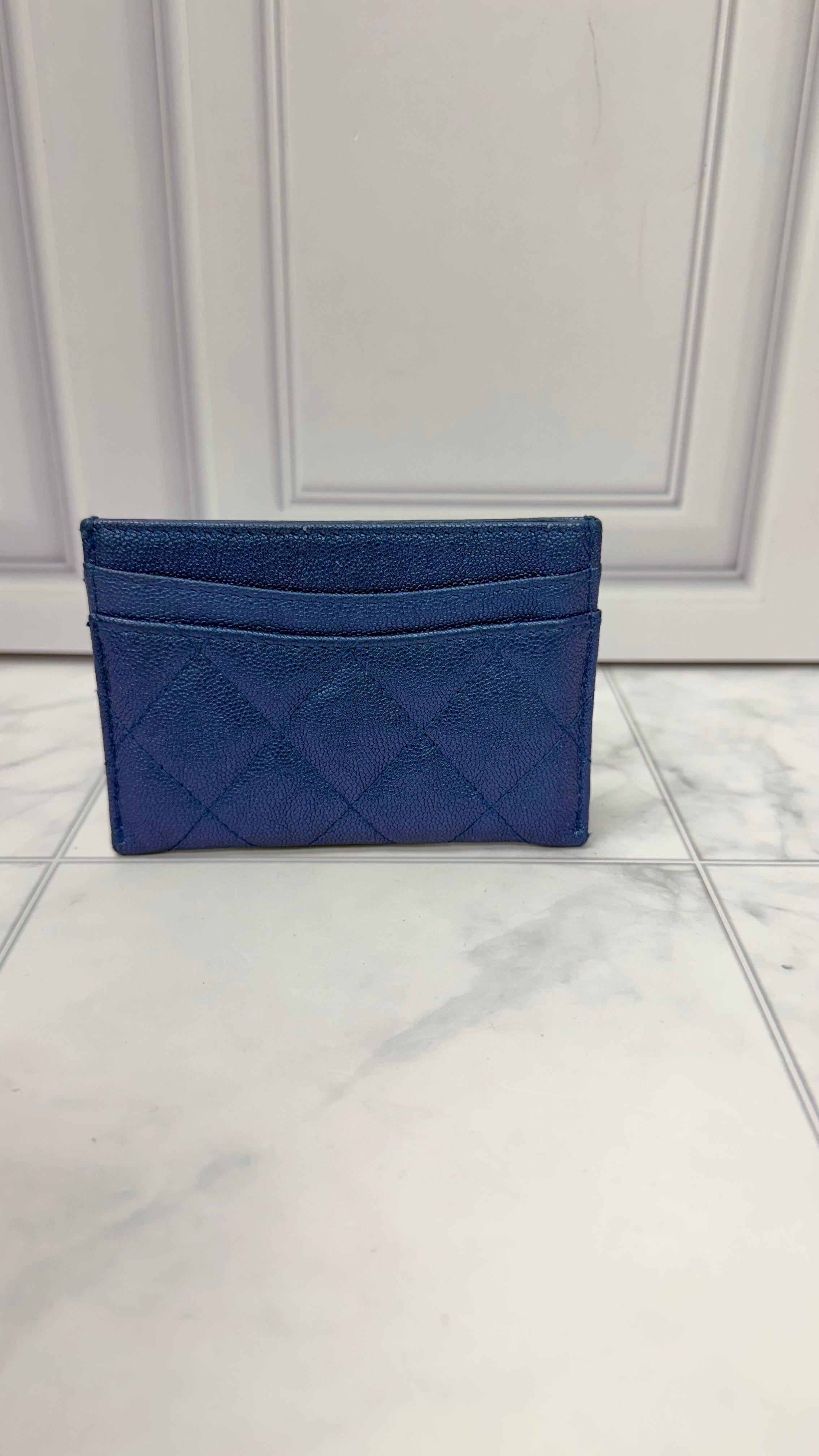 Chanel Blue iridescent Quilted Caviar Leather Card Holder