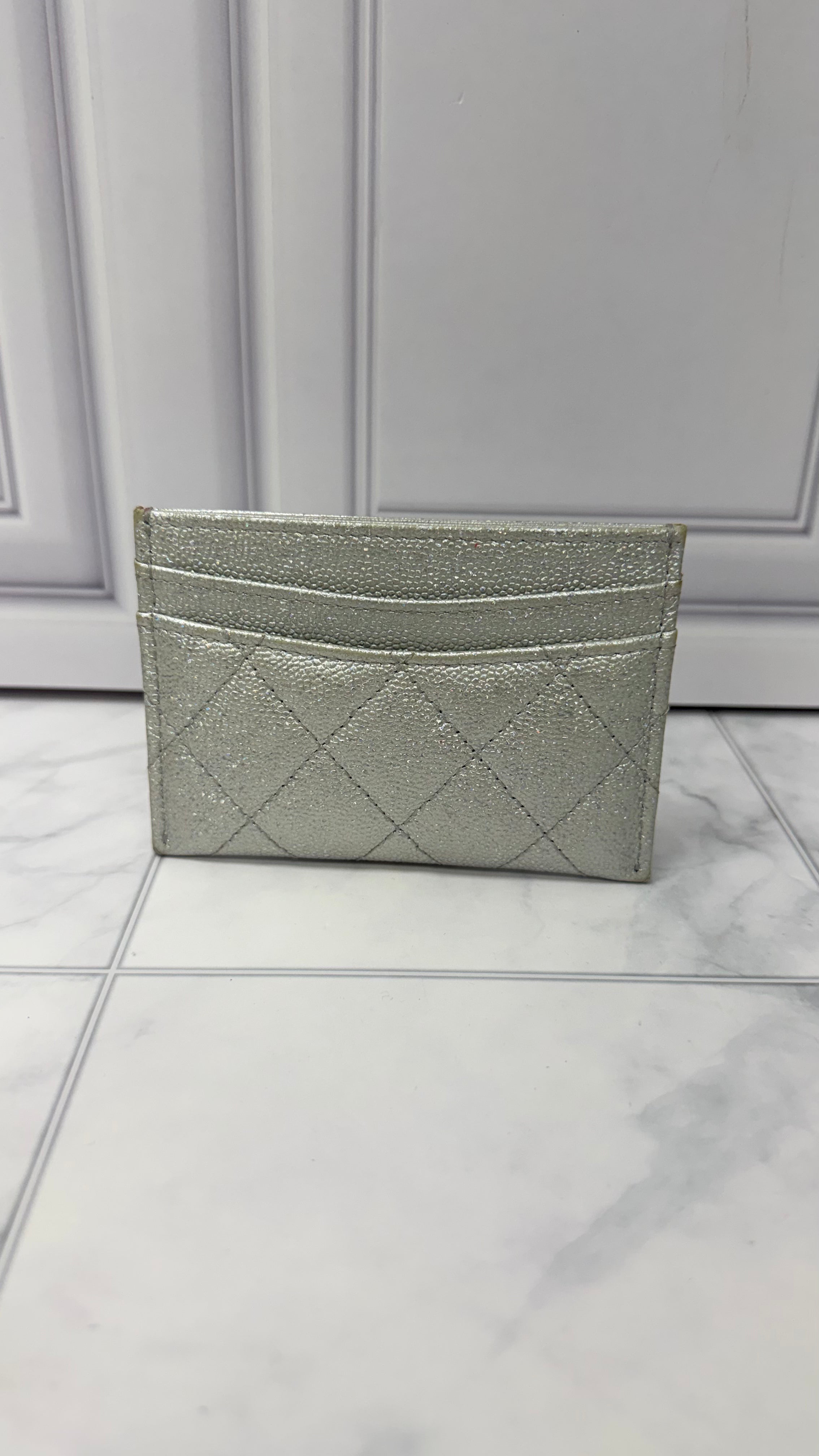 Chanel Silver Iridescent Quilted Caviar Leather Card Holder