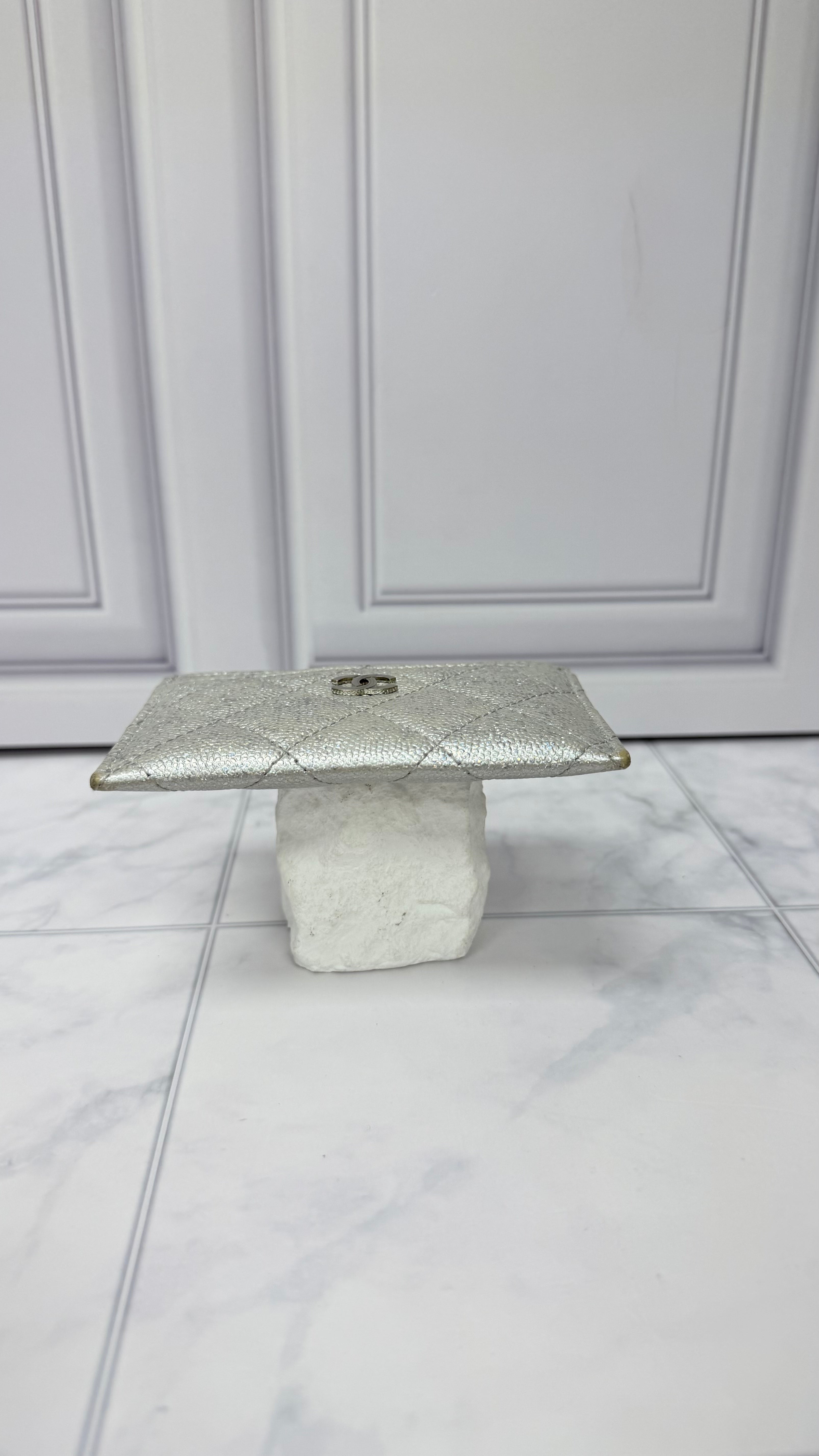 Chanel Silver Iridescent Quilted Caviar Leather Card Holder
