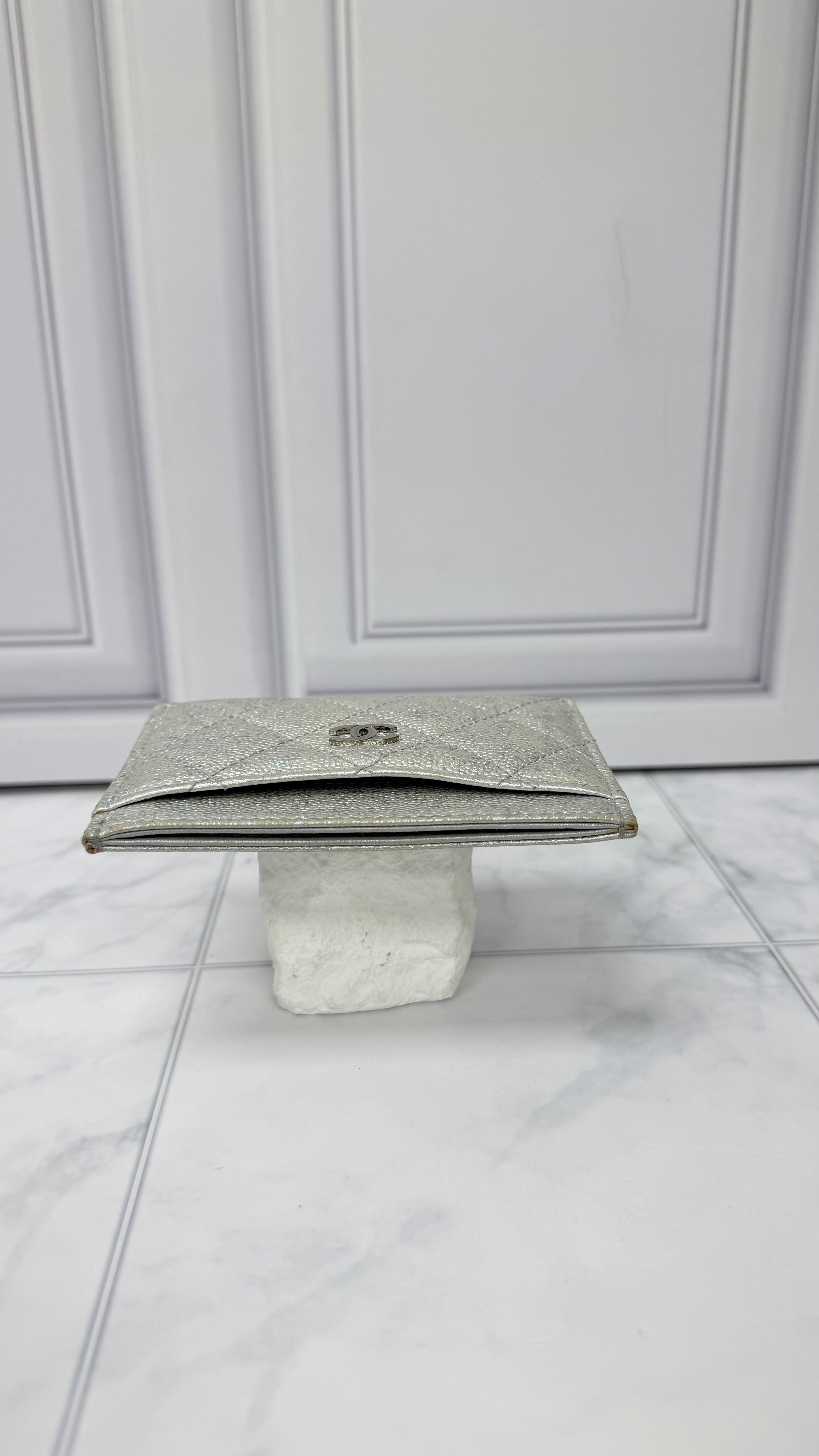 Chanel Silver Iridescent Quilted Caviar Leather Card Holder
