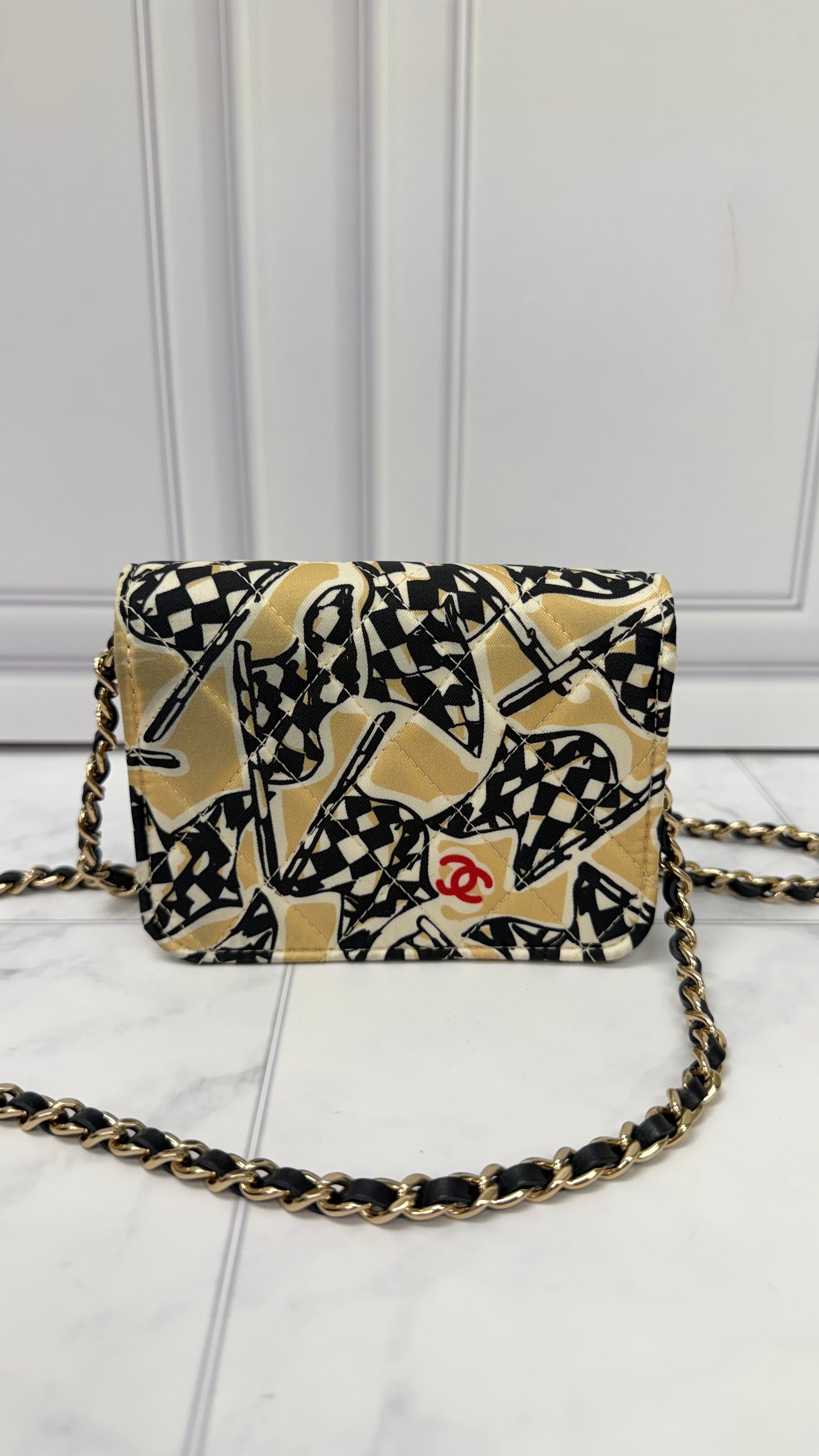 LIKE NEW - Chanel Beige And Black Canvas Checkered Flag Mini  Clutch Chain