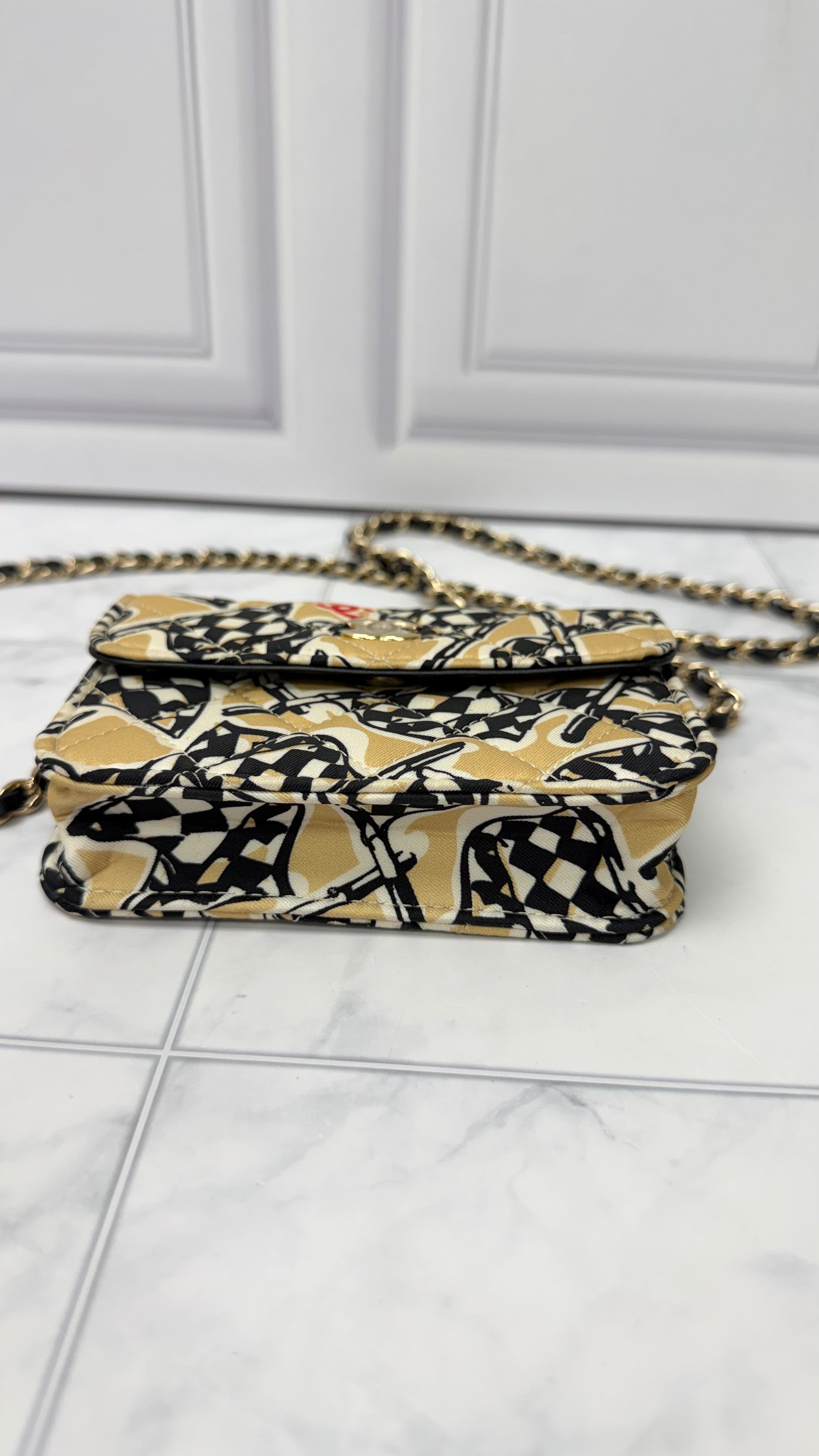 LIKE NEW - Chanel Beige And Black Canvas Checkered Flag Mini  Clutch Chain