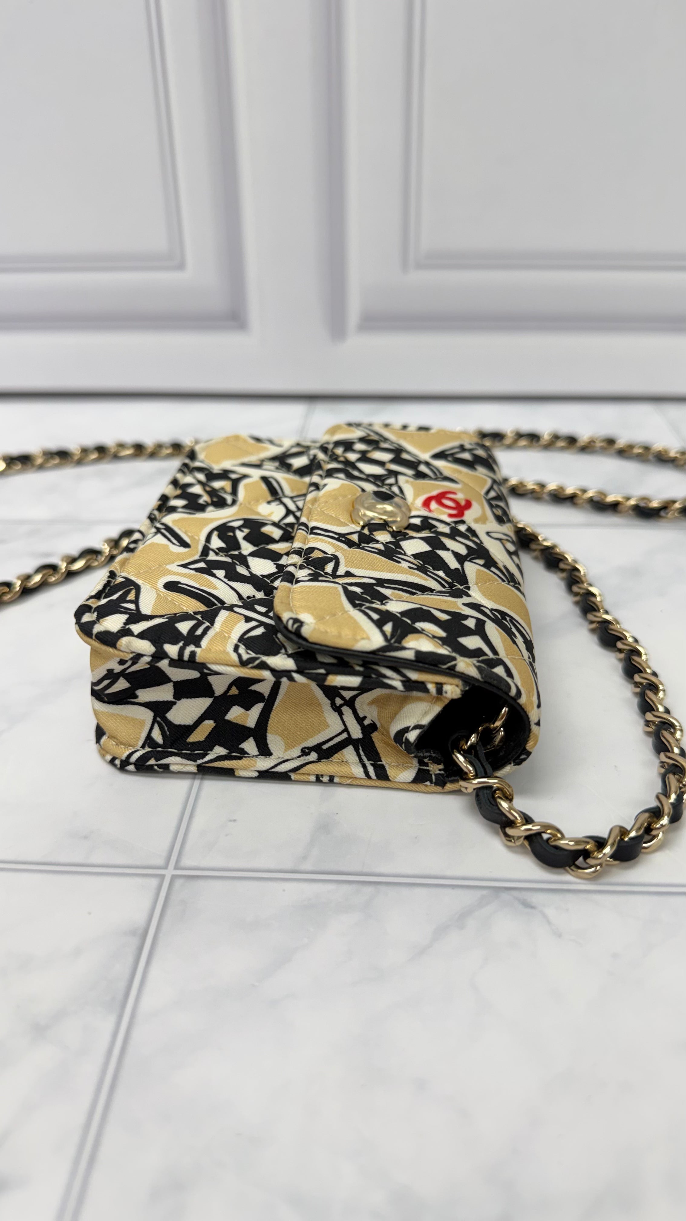 LIKE NEW - Chanel Beige And Black Canvas Checkered Flag Mini  Clutch Chain