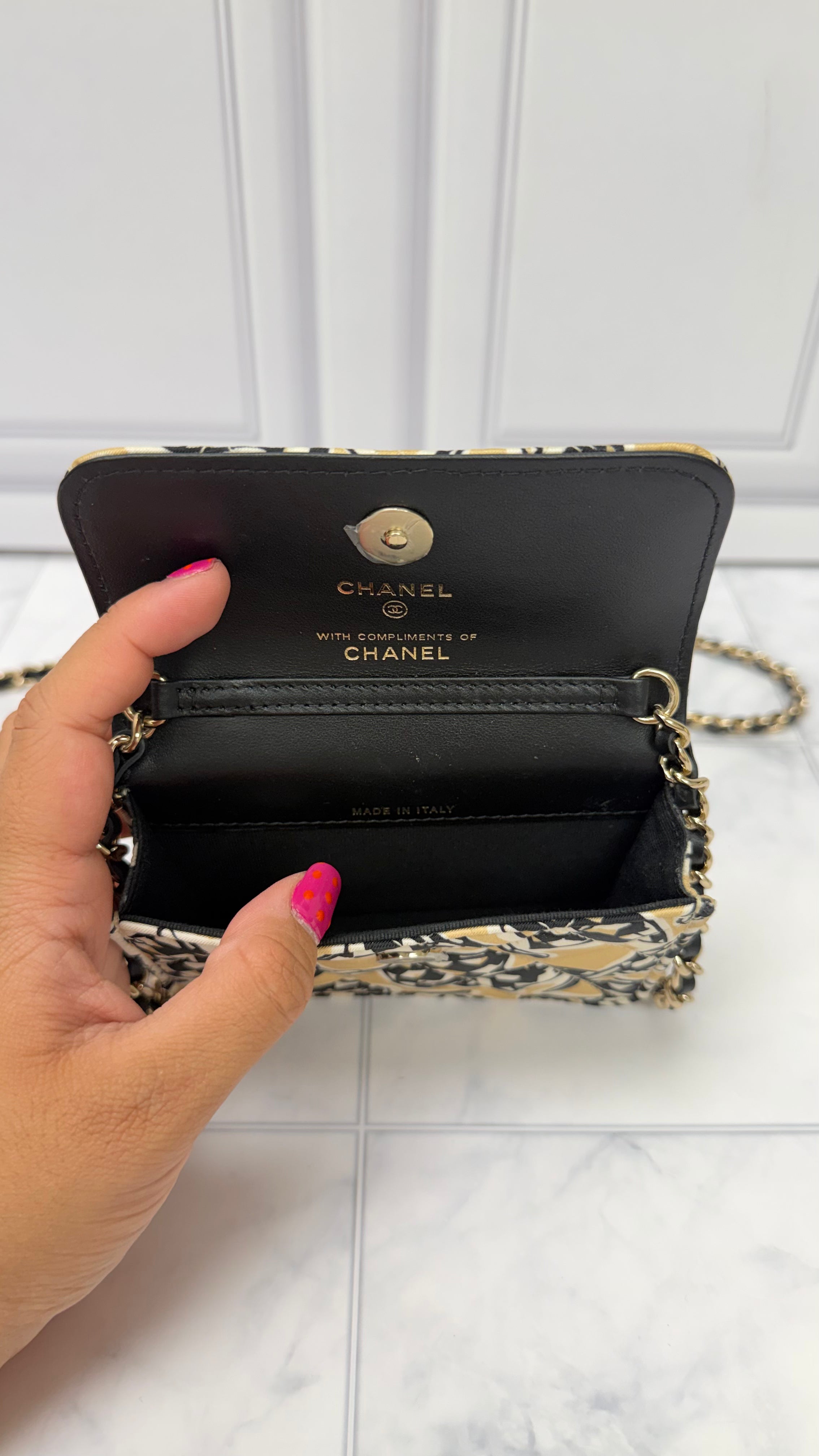 LIKE NEW - Chanel Beige And Black Canvas Checkered Flag Mini  Clutch Chain