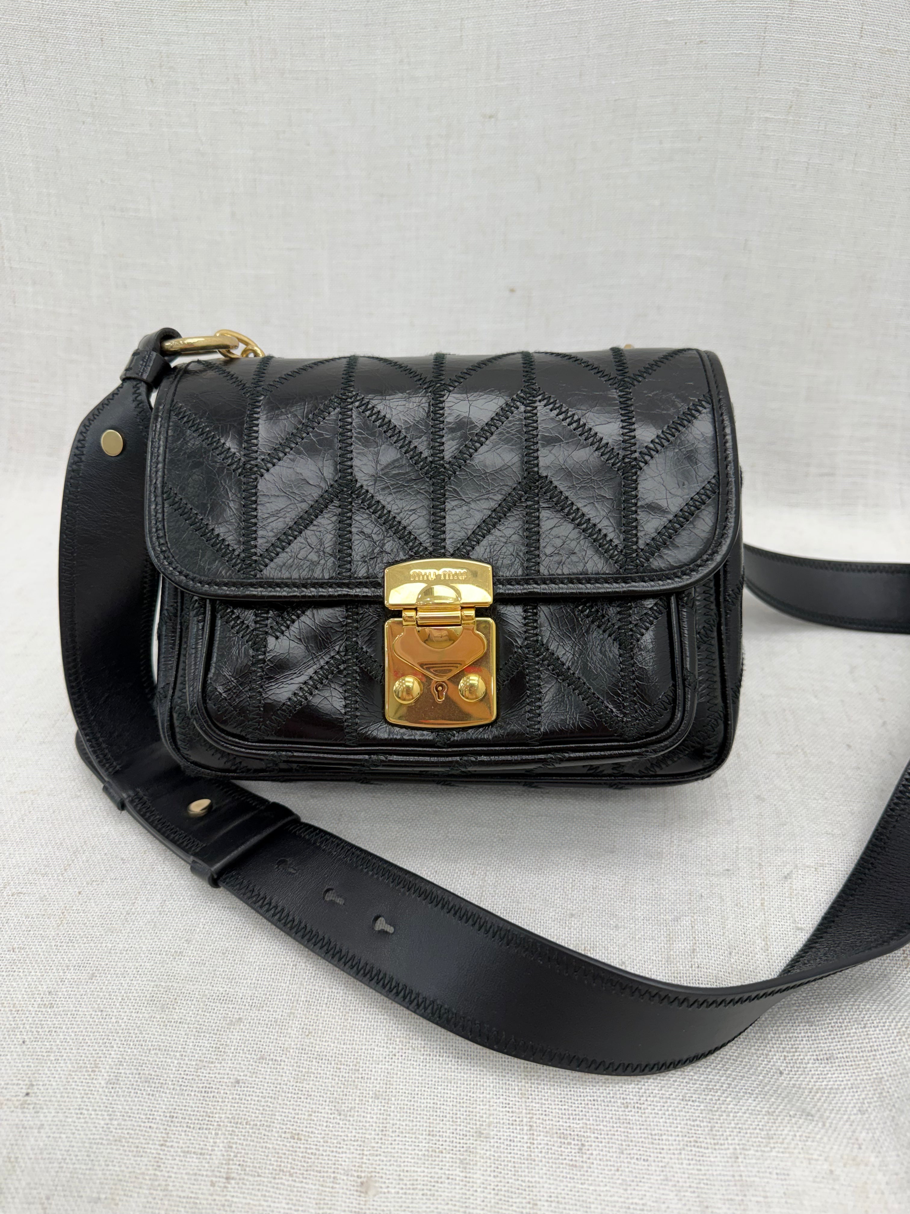 Miu Miu Black Quilted Leather Shine Patchwork Crossbody