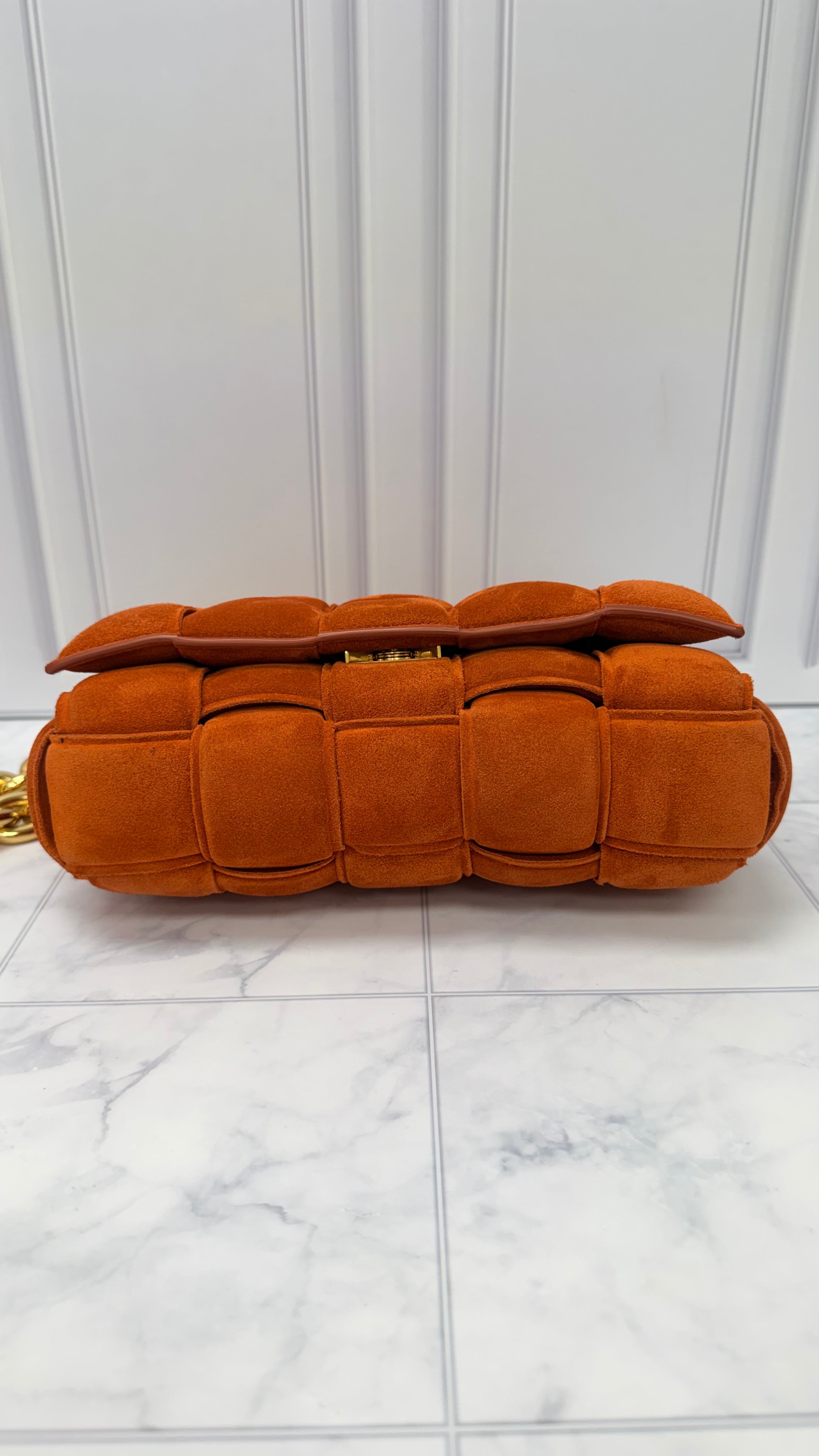 Bottega Veneta Orange Suede Cassette Chain Crossbody Bag