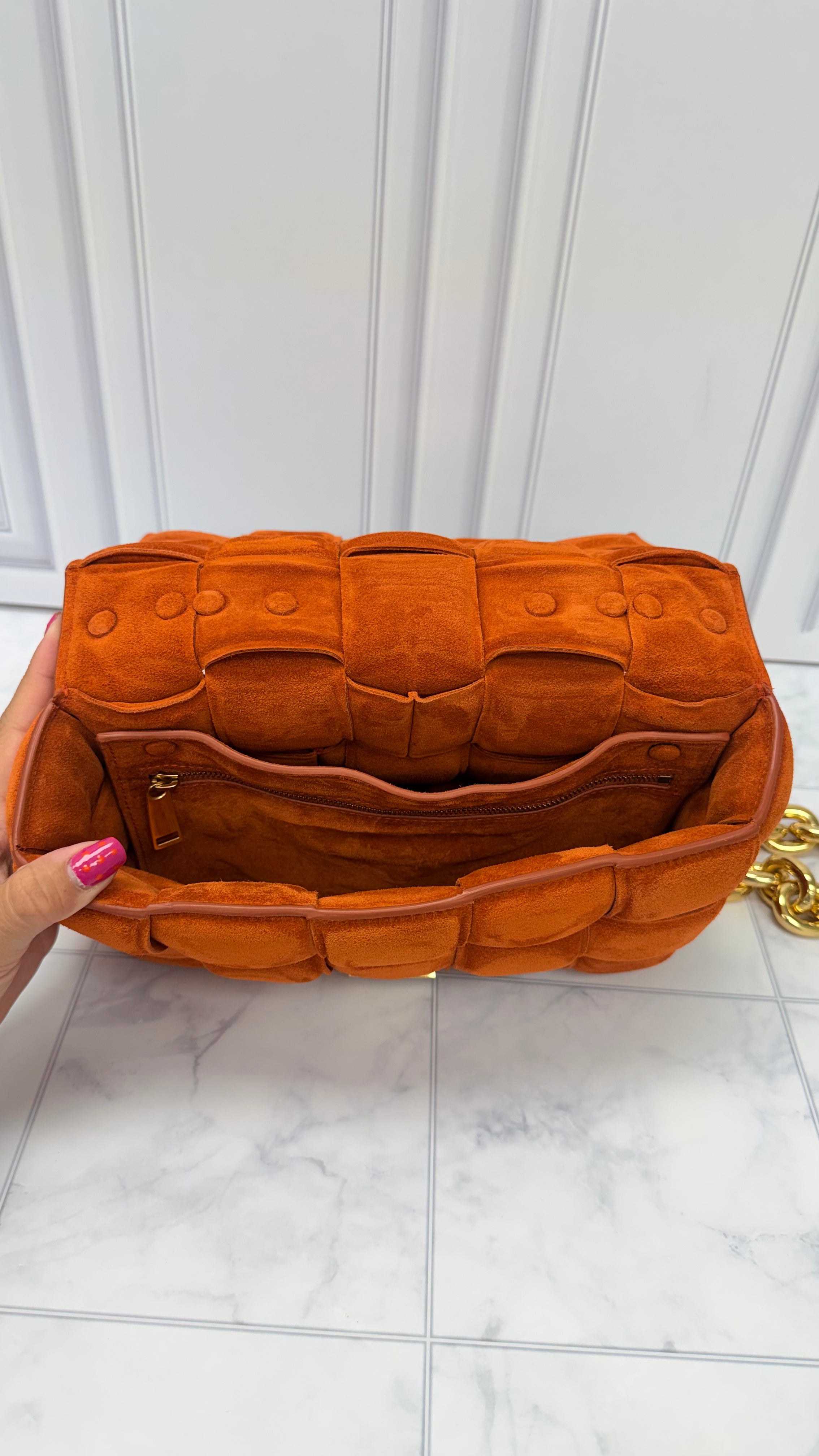 Bottega Veneta Orange Suede Cassette Chain Crossbody Bag