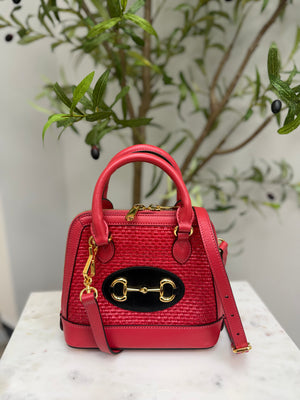 LIKE NEW- Gucci Red Straw And Leather Horsebit 1955 Mini Top Handle Bag
