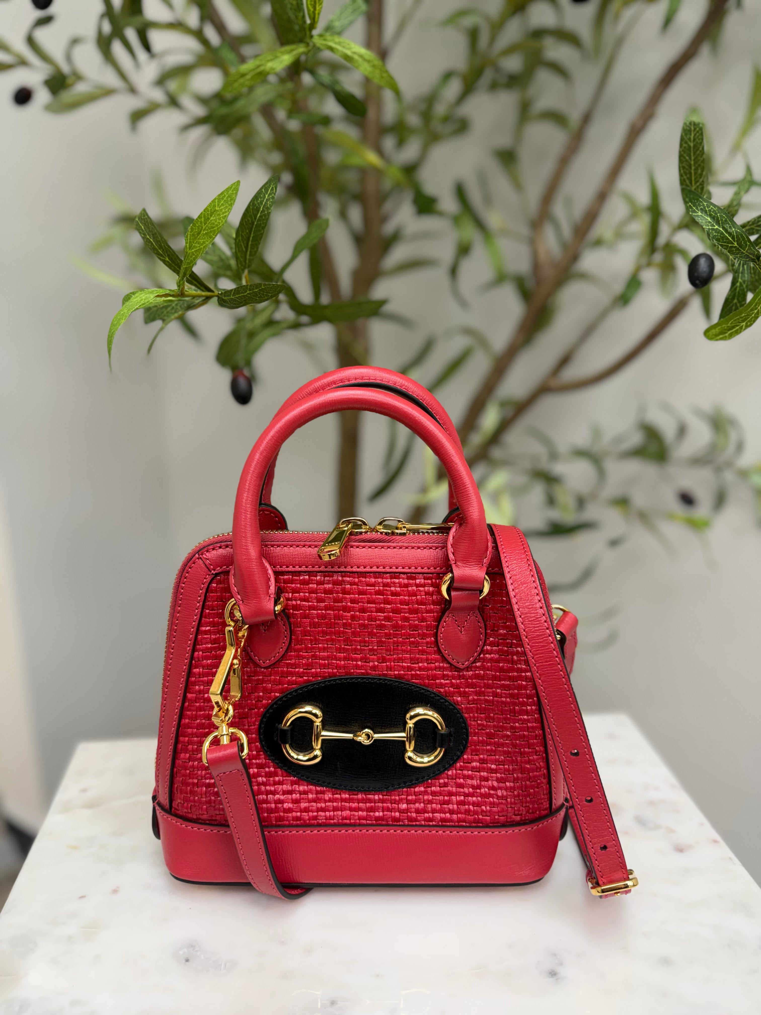 LIKE NEW- Gucci Red Straw And Leather Horsebit 1955 Mini Top Handle Bag