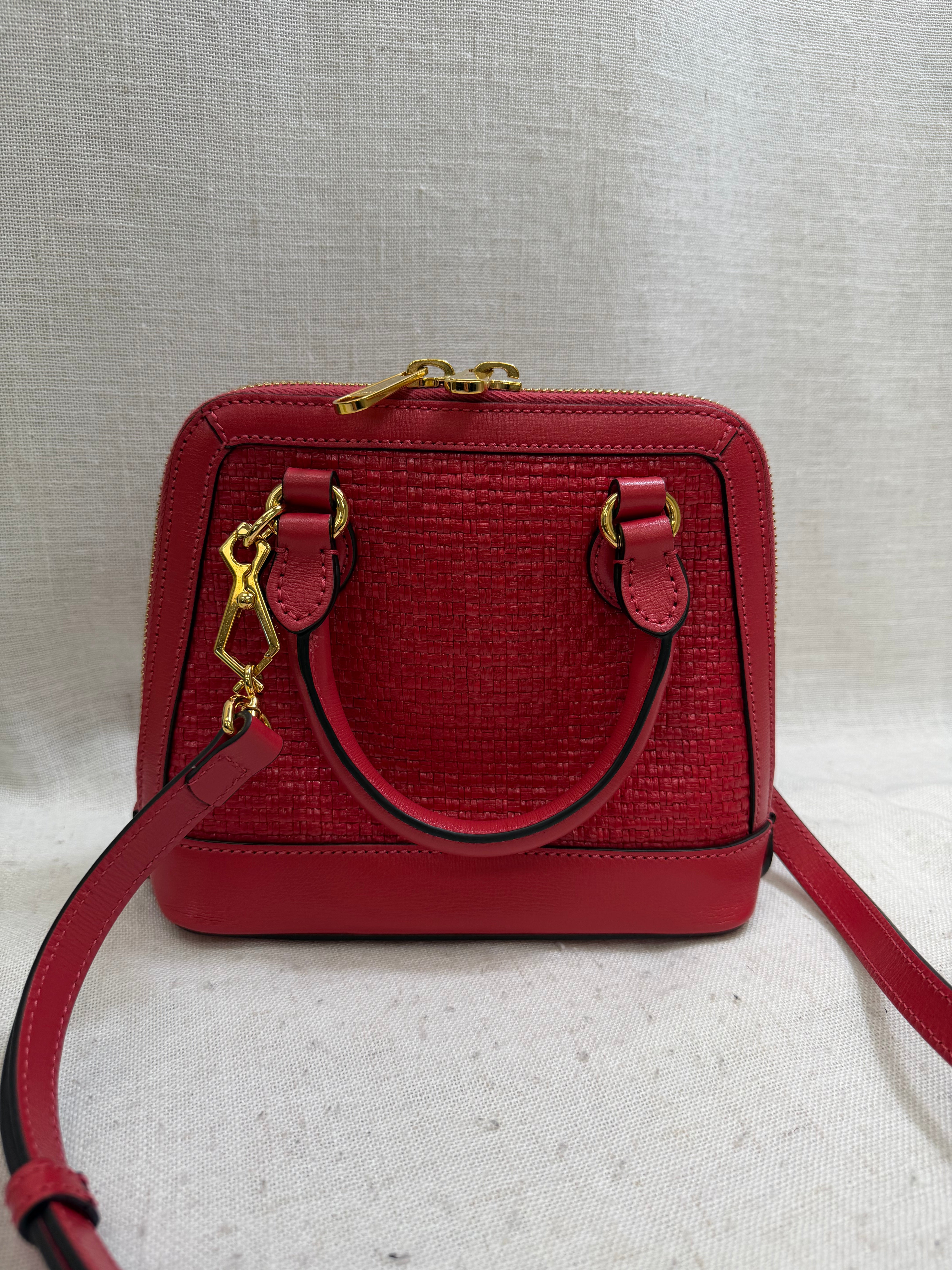 LIKE NEW- Gucci Red Straw And Leather Horsebit 1955 Mini Top Handle Bag